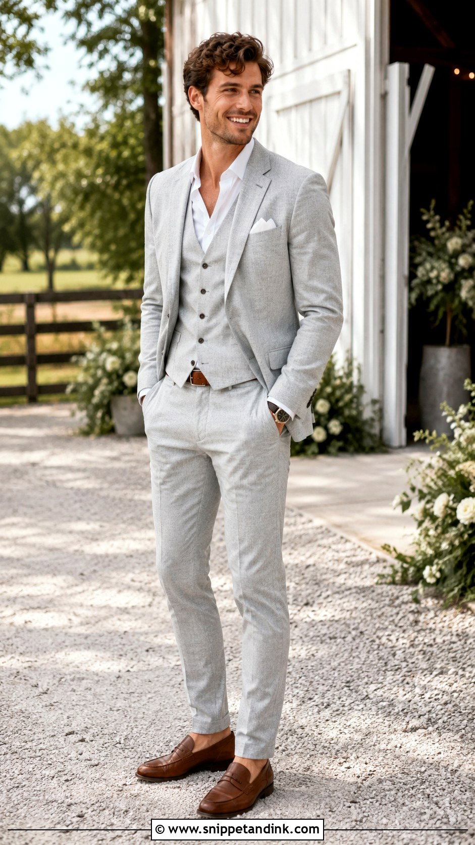 Light Grey Wedding Suit With Waistcoat And No Tie - Snippet and Ink - 20 Light Grey Suits Wedding