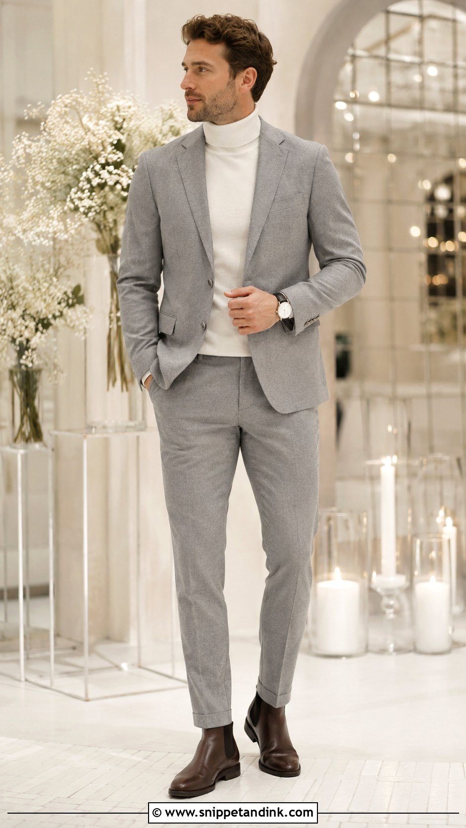 Light Grey Wedding Suit With White Turtleneck - Snippet and Ink - 20 Light Grey Suits Wedding