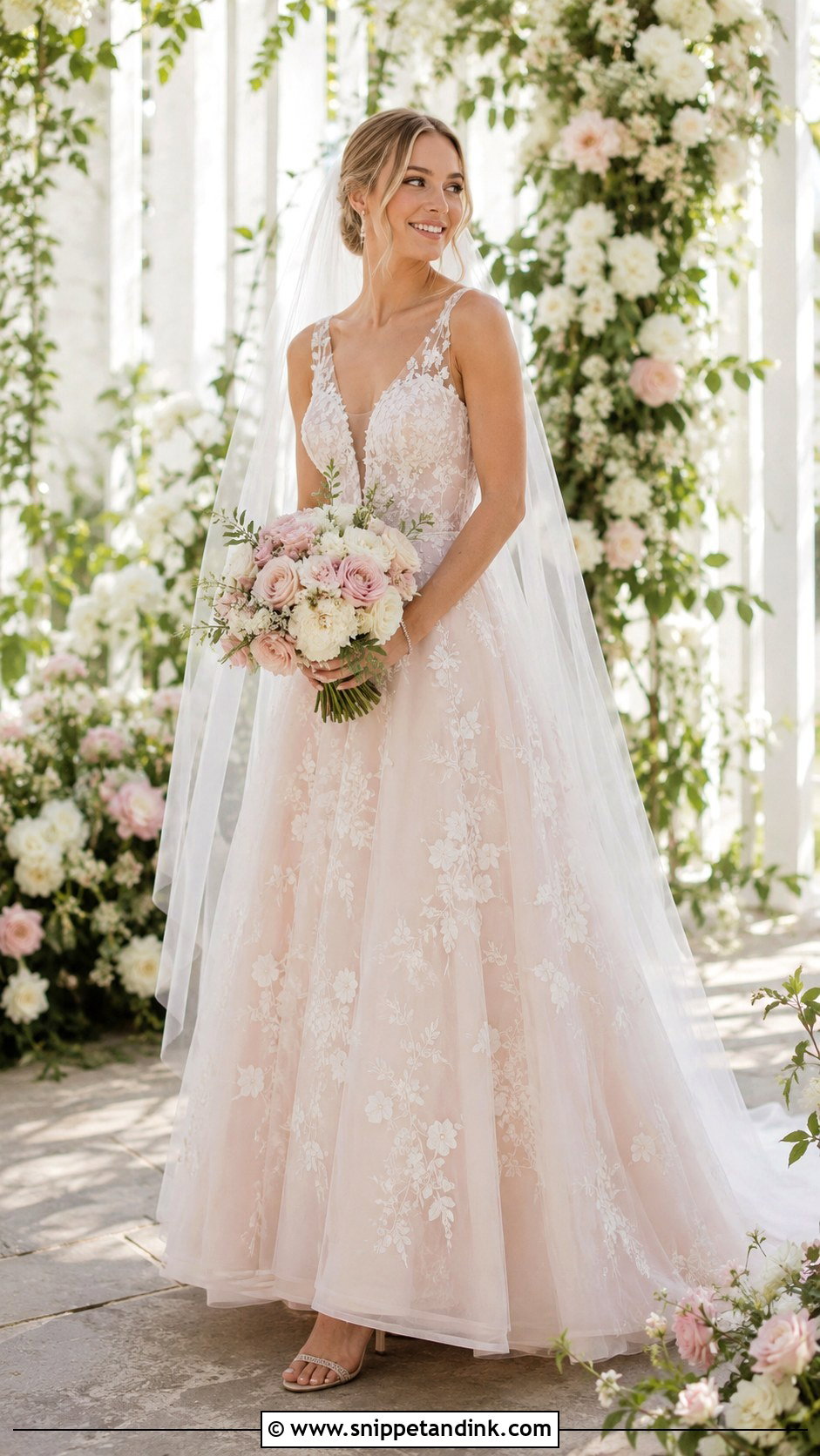 Light Pink Floral Wedding Dress - Snippet and Ink - 30 Light Pink Wedding Dress Ideas