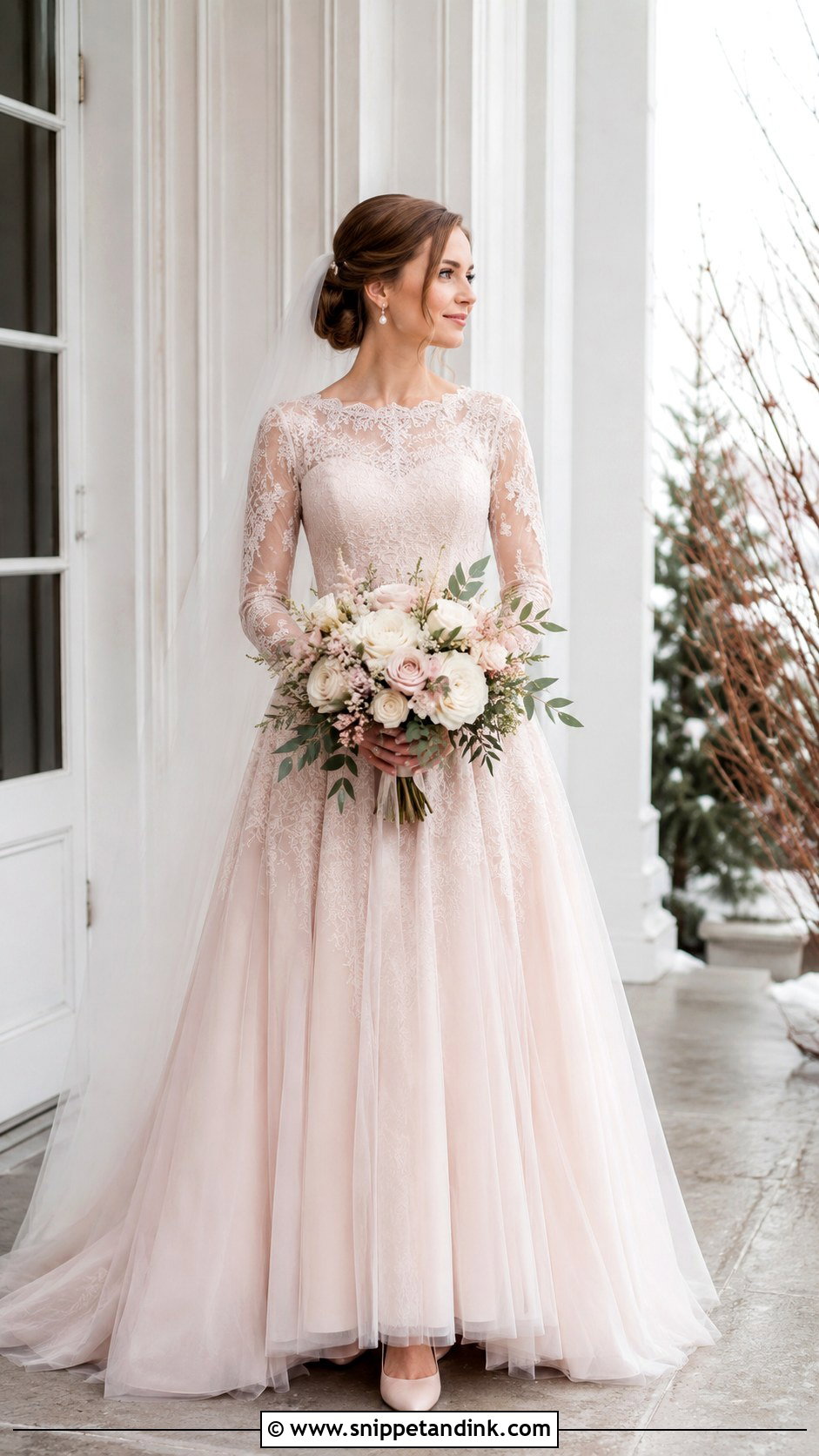 Light Pink Long Sleeve Wedding Dress - Snippet and Ink - 30 Light Pink Wedding Dress Ideas