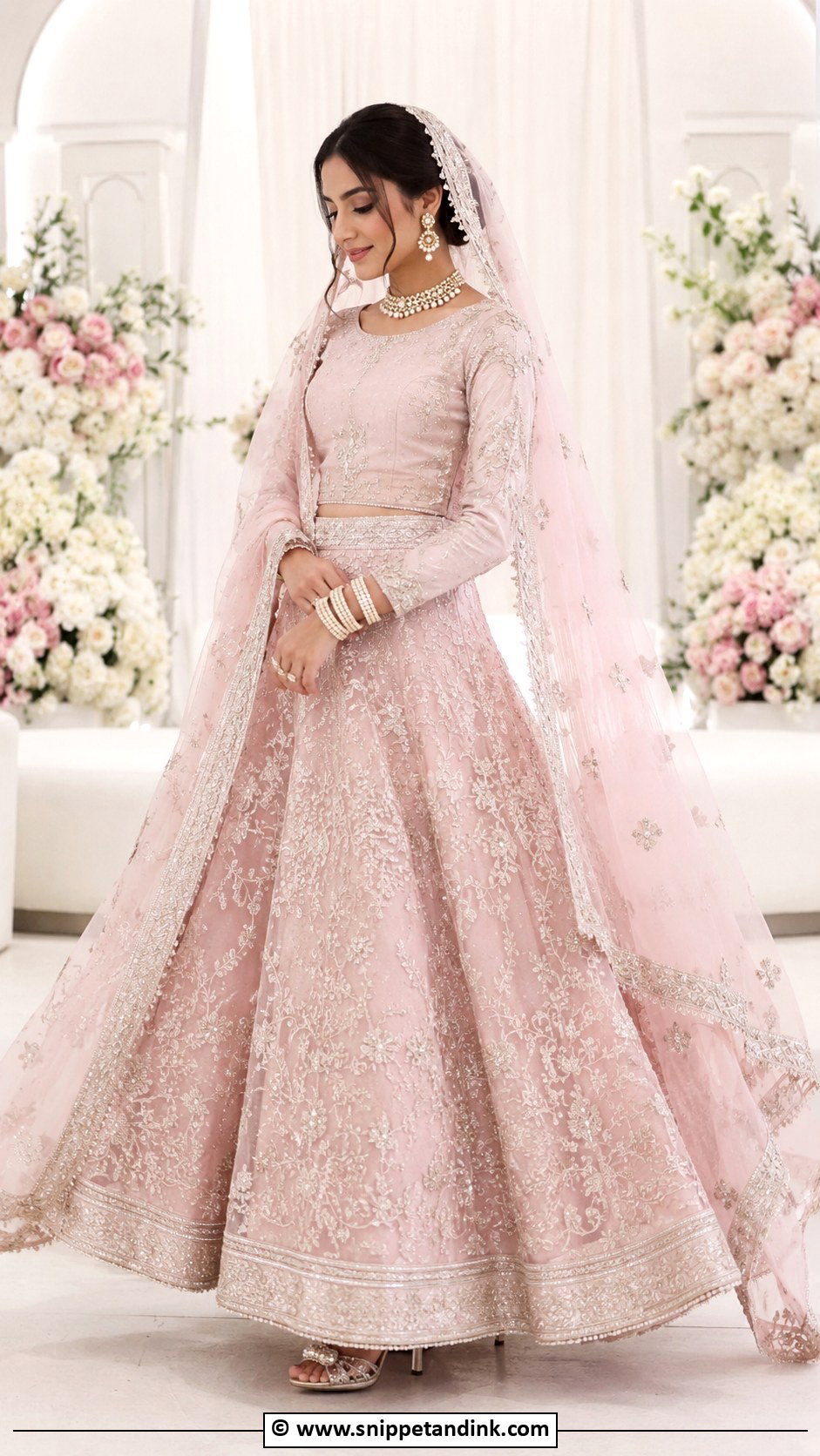 Light Pink Nikkah Lehenga With Veil Dupatta - Snippet and Ink - 30 Nikkah Look Ideas