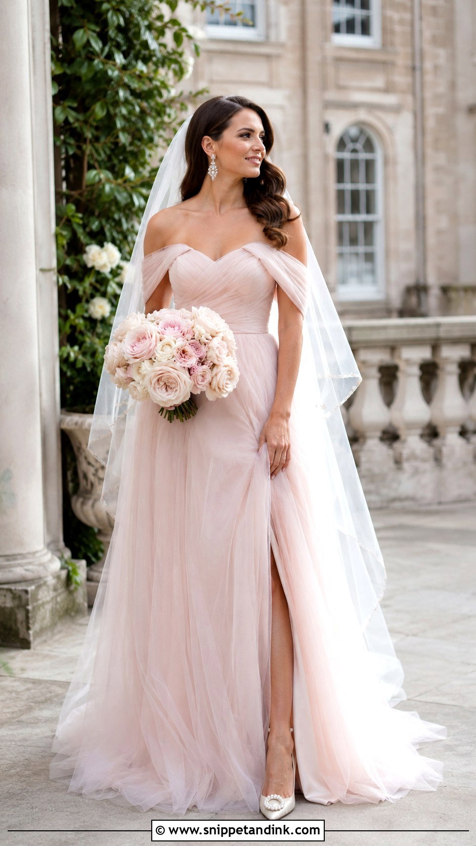 Light Pink Off The Shoulder Wedding Dress - Snippet and Ink - 30 Light Pink Wedding Dress Ideas