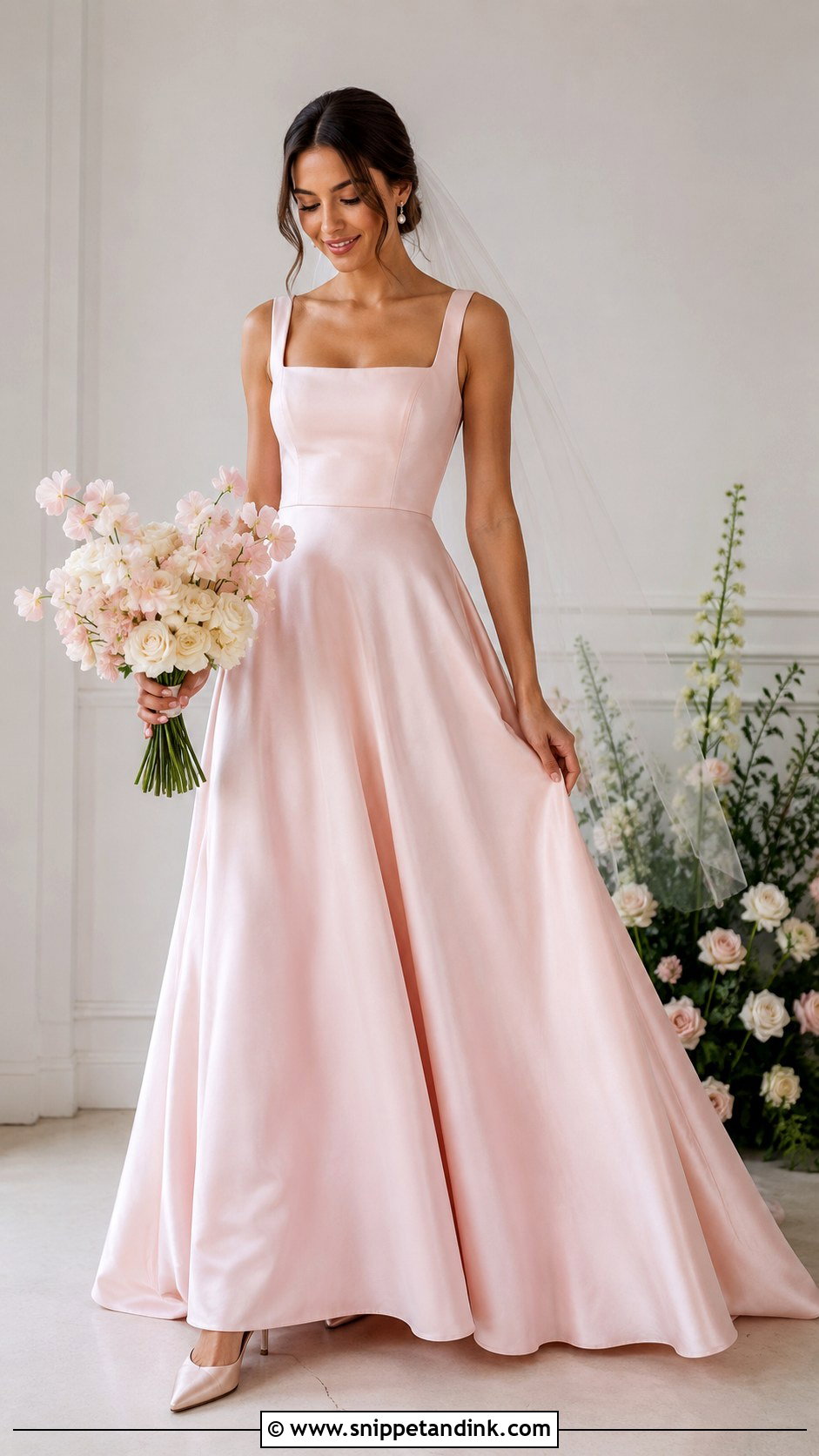 Light Pink Square Neck Wedding Dress - Snippet and Ink - 30 Light Pink Wedding Dress Ideas