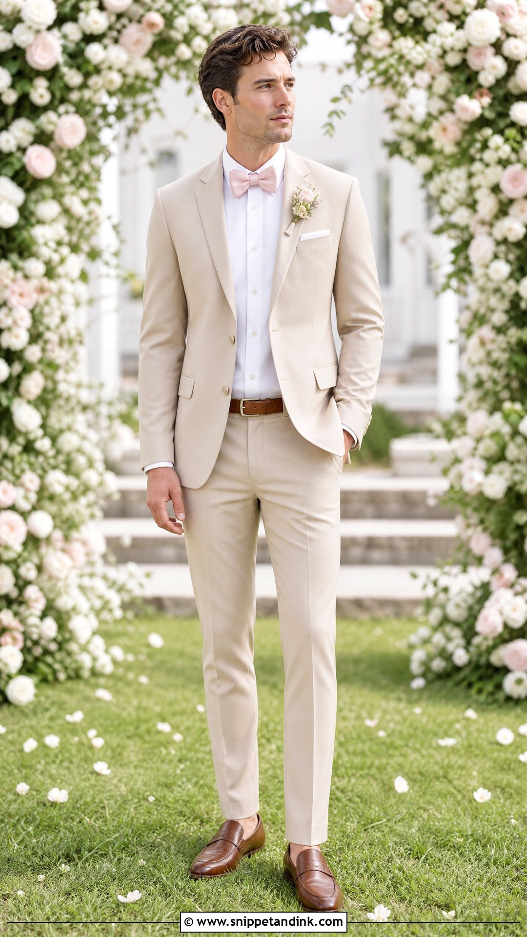 Light Tan Tux With Pale Pink Bow Tie - Snippet and Ink - 20 Tan Tux Wedding Ideas