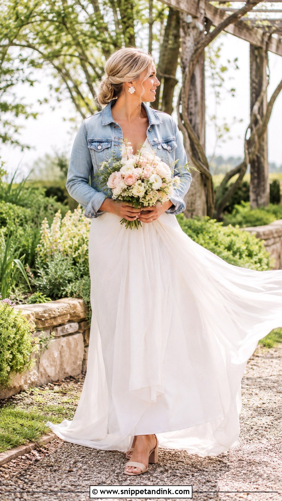 Light Wash Bridal Jean Jacket With Chiffon Wedding Dress - Snippet and Ink - 20 Bridal Jean Jacket Ideas