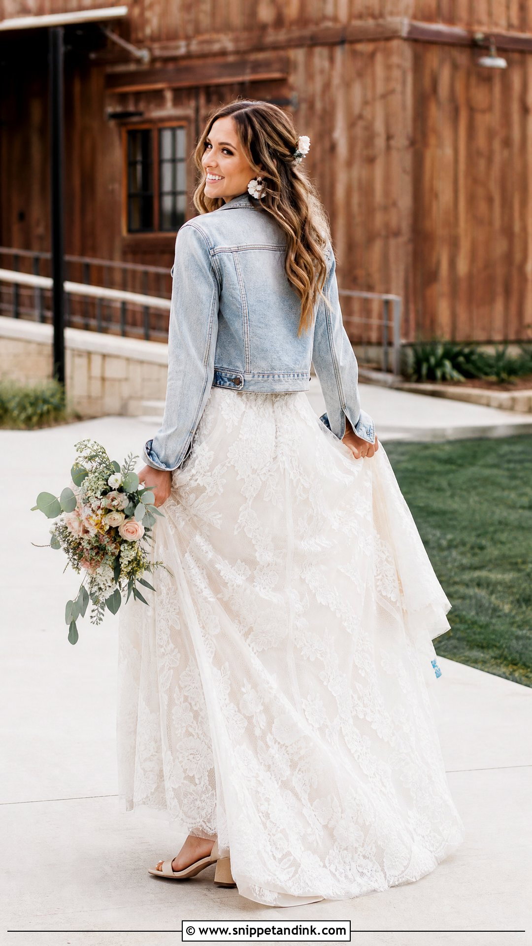 Light Wash Wedding Jean Jacket With Lace Gown - Snippet and Ink - 20 Wedding Jean Jacket Ideas