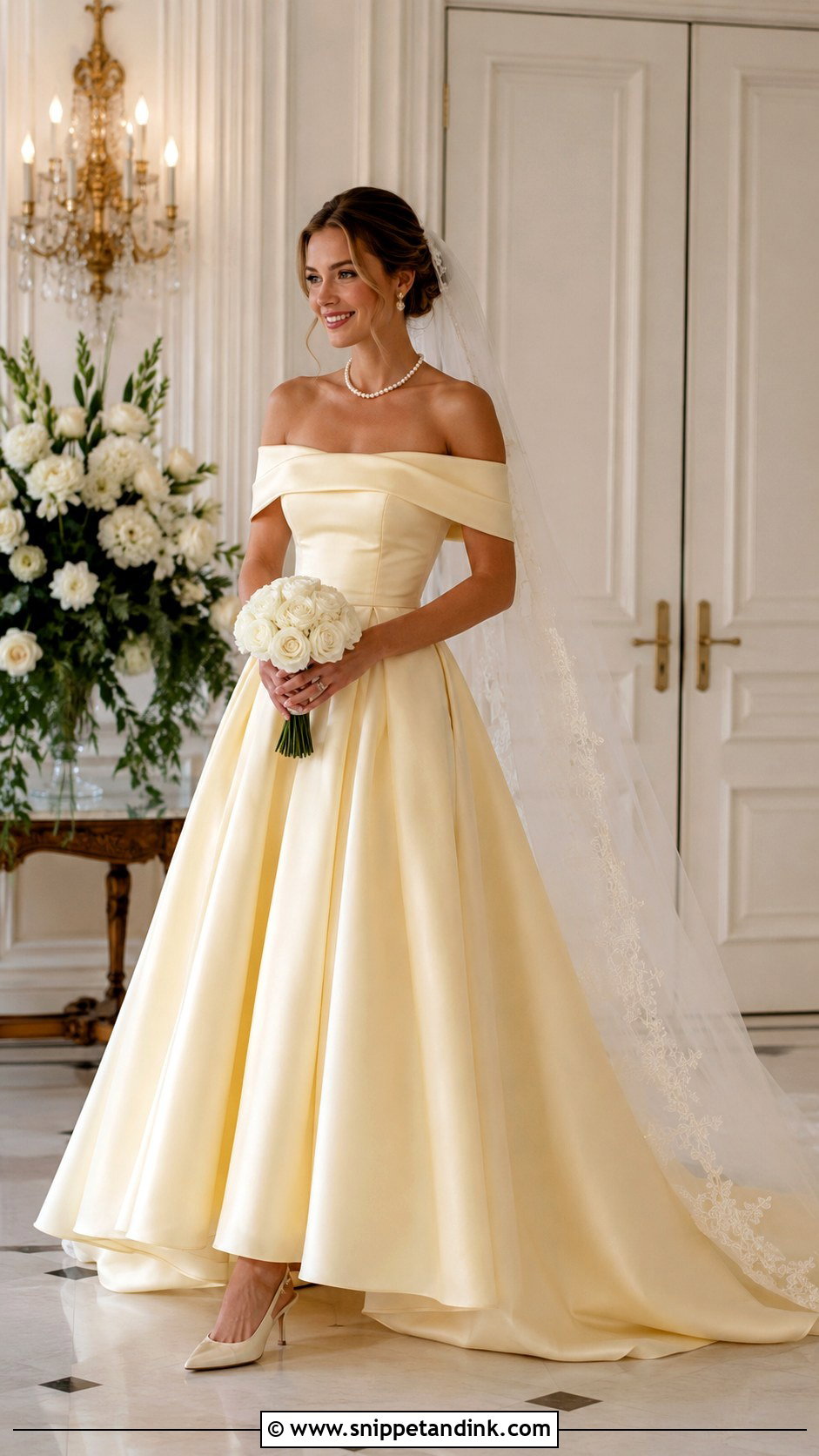 Light Yellow Off Shoulder Wedding Dress - Snippet and Ink - 20 Light Yellow Wedding Dress Ideas
