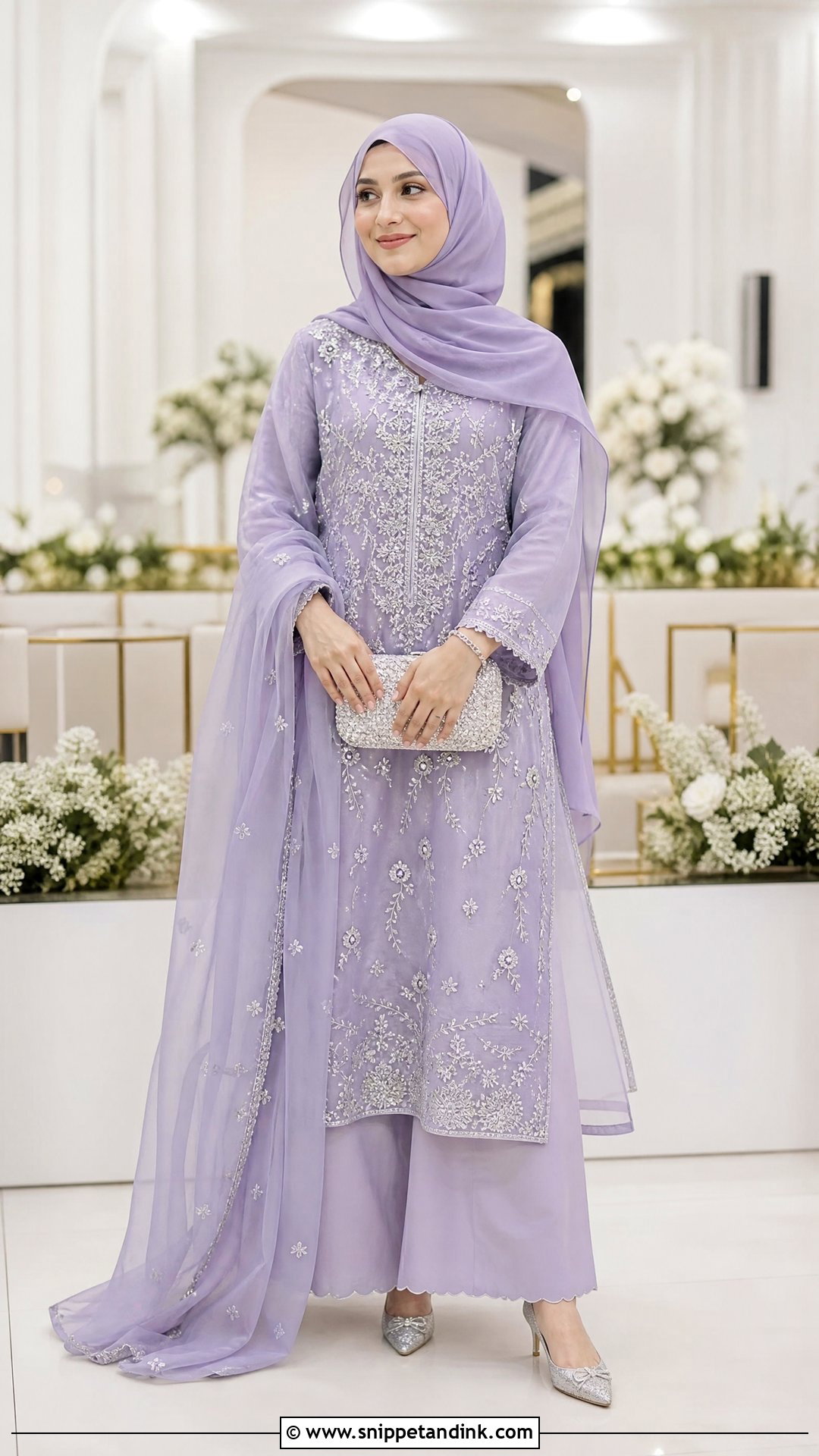 Lilac Kurta Palazzo With Matching Hijab - Snippet and Ink - 20 Pakistani Hijab for Wedding Party Ideas