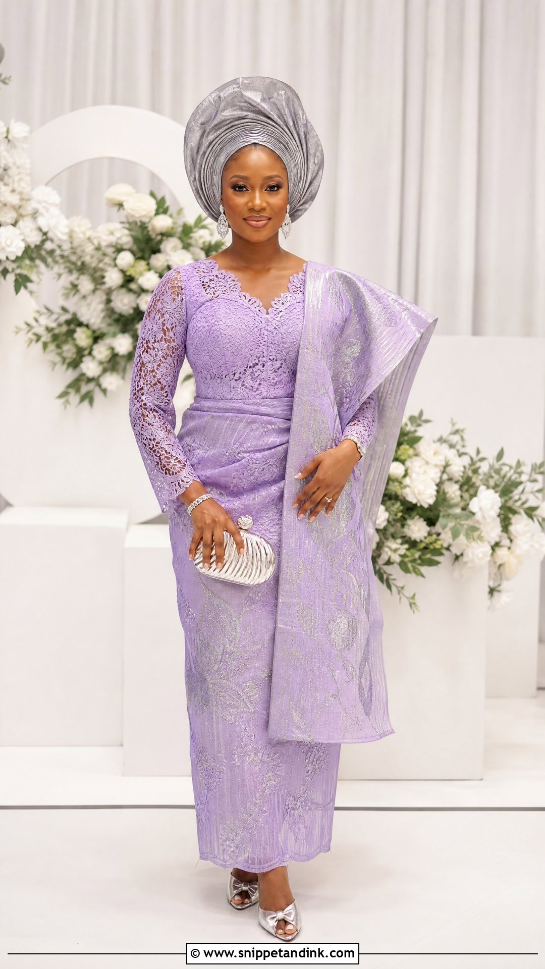 Lilac Lace And Silver Gele Outfit - Snippet and Ink - 20 Yoruba Introduction Outfit Ideas