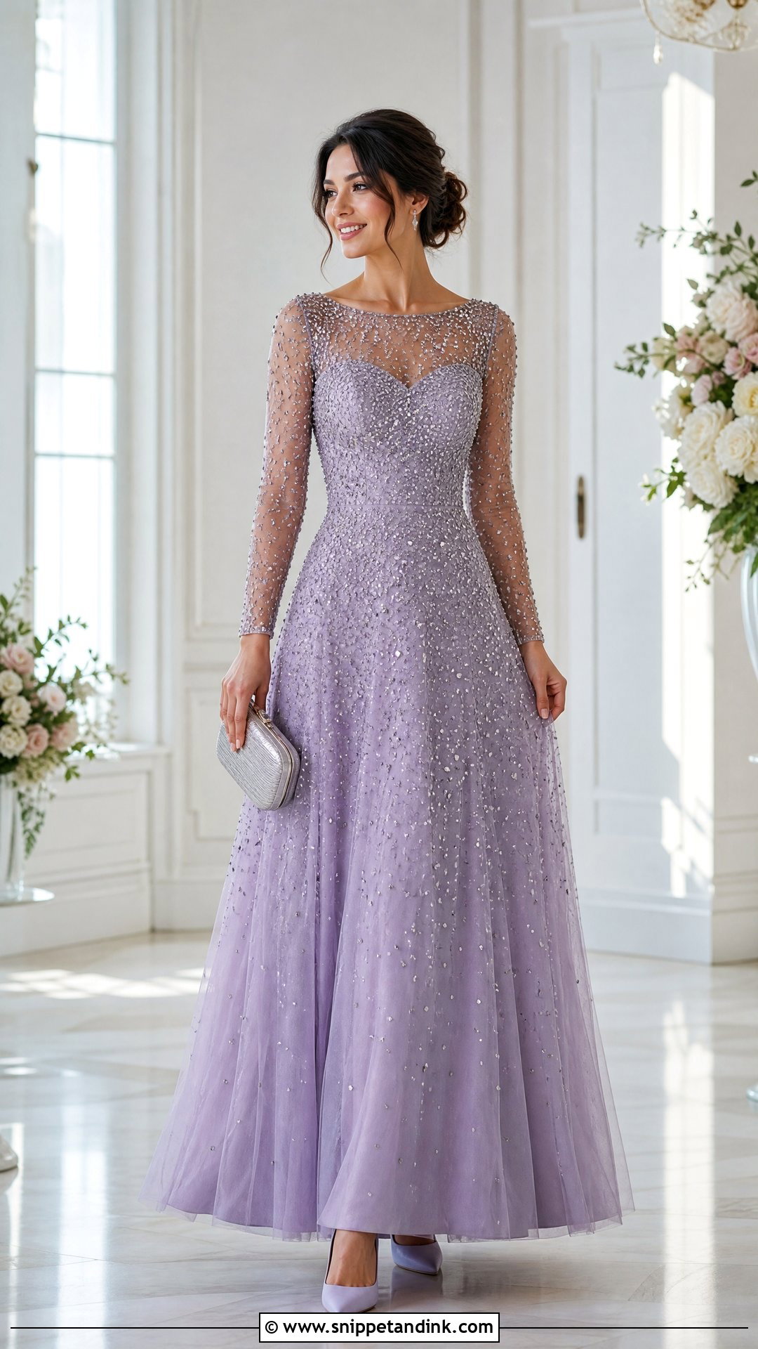 Lilac Rhinestone Gown With Sheer Sleeves - Snippet and Ink - 20 Rhinestone Gown Ideas
