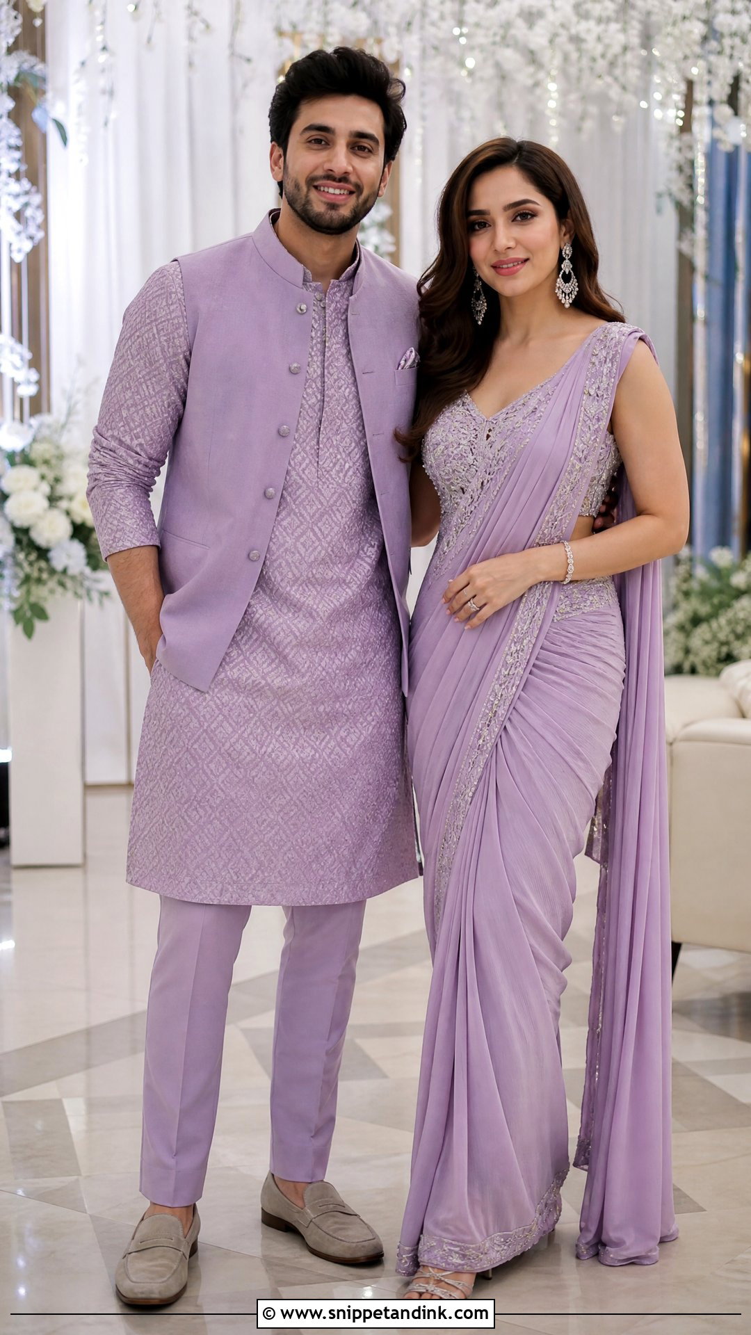 Lilac Saree And Printed Kurta Sangeet Couple Outfit - Snippet and Ink - 25 Sangeet Couple Outfits