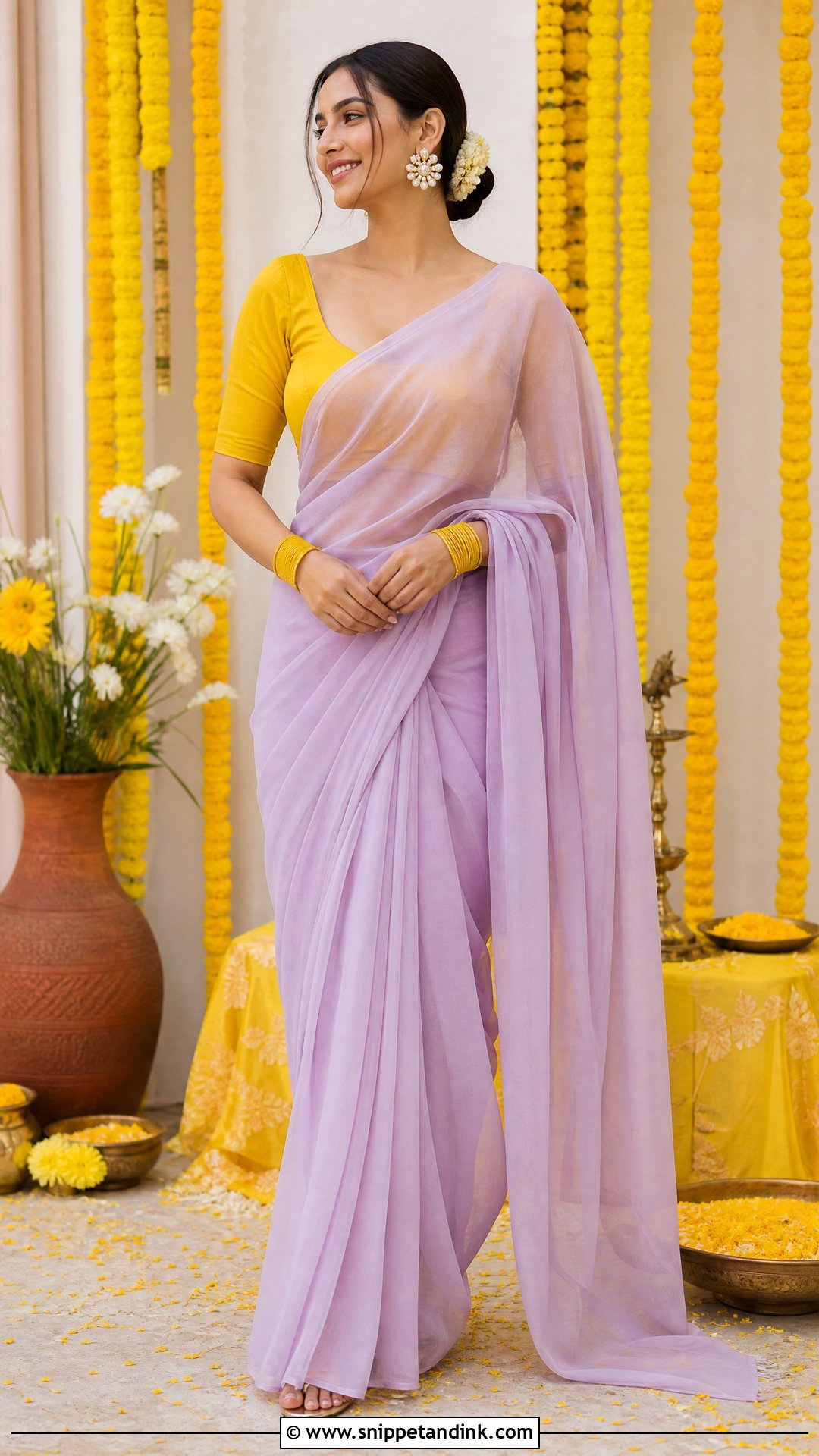 Lilac Saree With Yellow Blouse - Snippet and Ink - 20 Purple Haldi Outfit Ideas