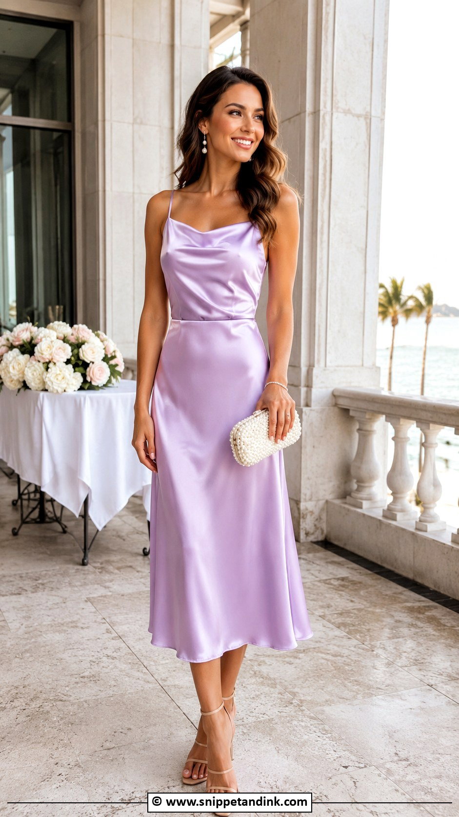 Lilac Satin Midi Dress Wedding Outfit - Snippet and Ink - 25 Lilac Dress Wedding Outfit Ideas