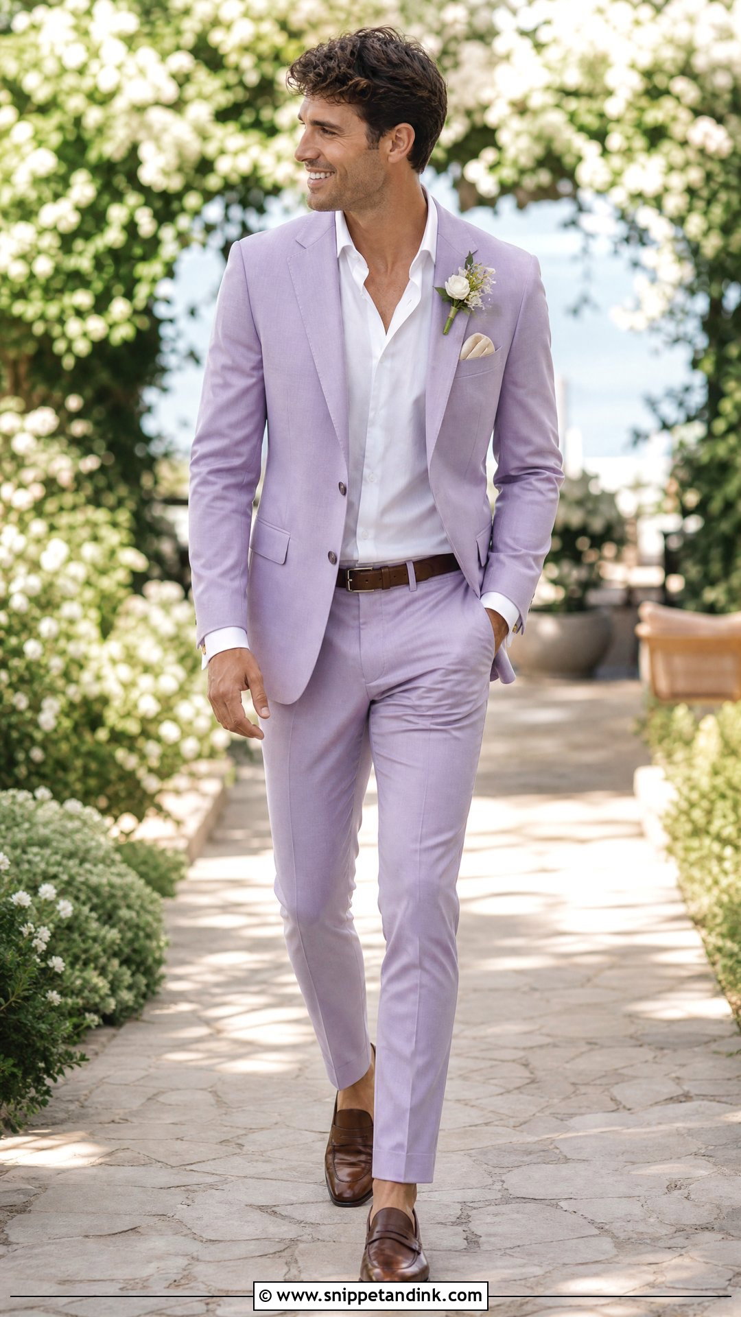 Lilac Tuxedo With Brown Leather Shoes - Snippet and Ink - 20 Purple Tuxedo Wedding Ideas