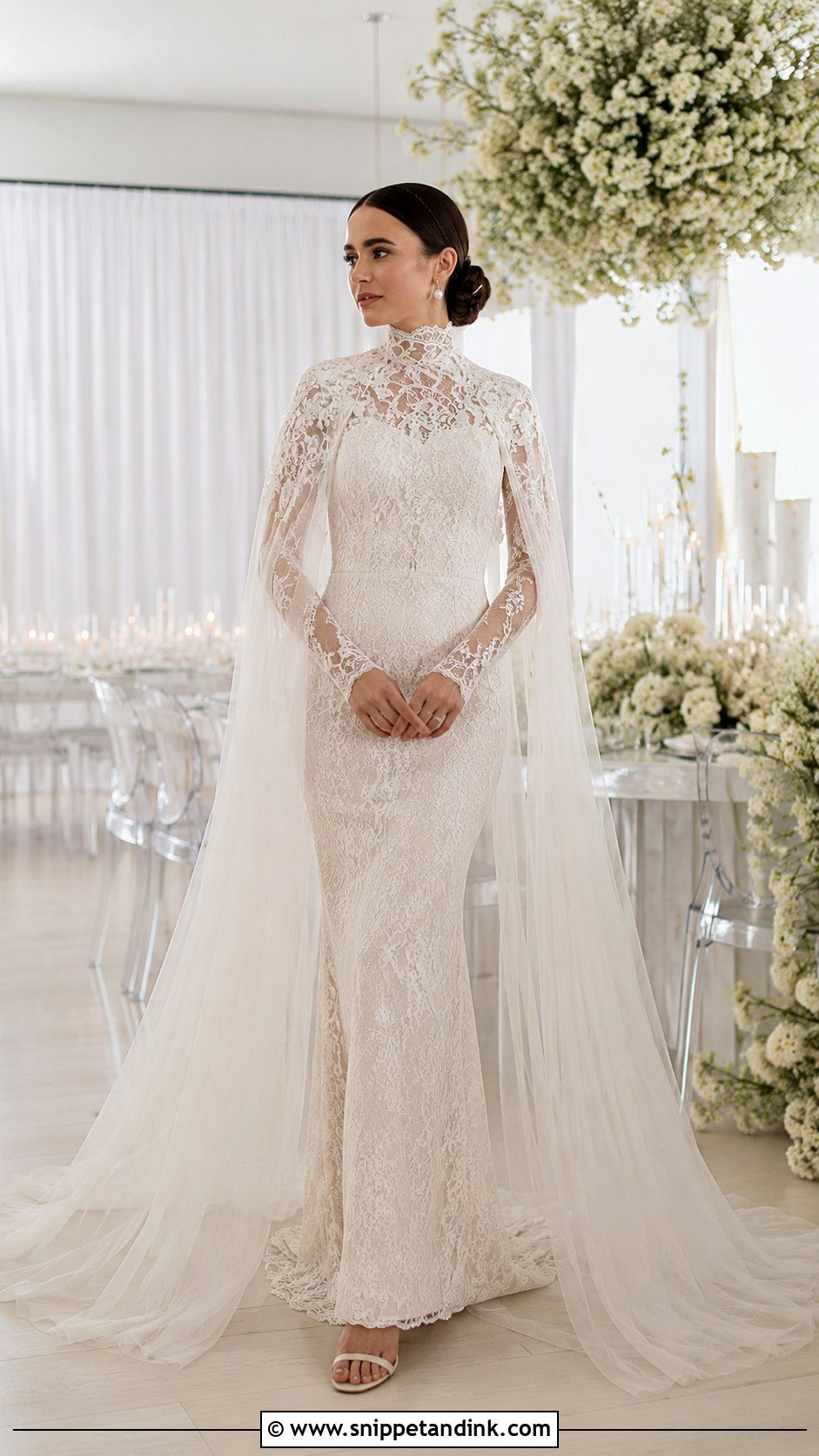 Lily Collins Detachable Cape Wedding Dress - Snippet and Ink - 30 Lily Collins Wedding Dress Ideas