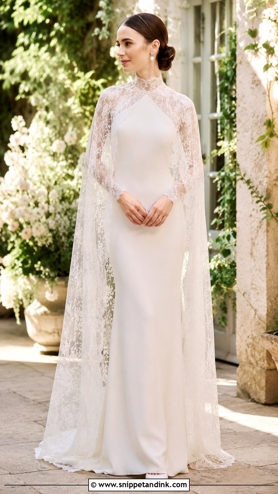 Lily Collins Lace Capelet Wedding Dress - Snippet and Ink - 30 Lily Collins Wedding Dress Ideas