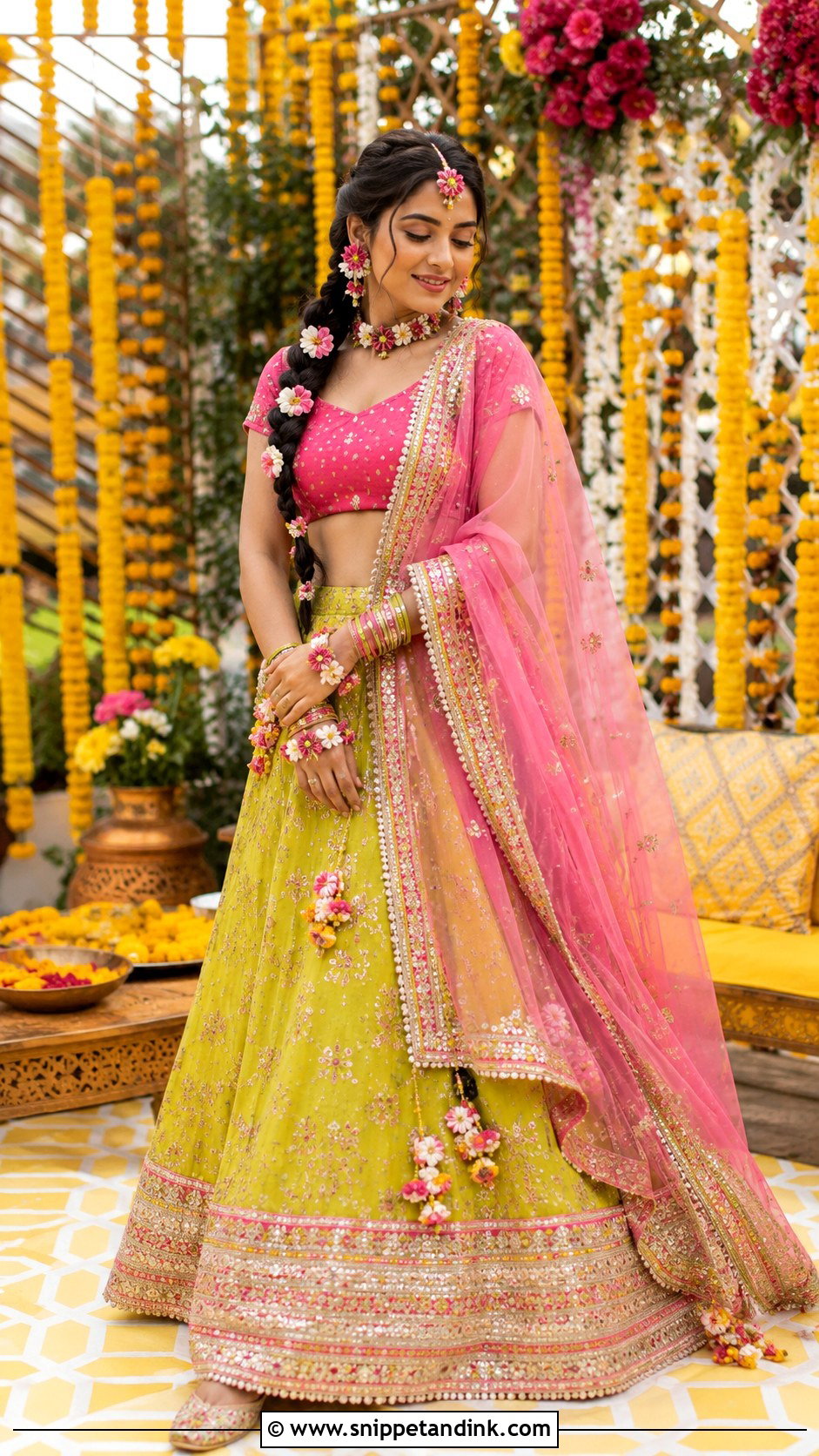 Lime Green And Pink Bridal Mehndi Lehenga - Snippet and Ink - 20 Green Bridal Mehndi Outfit Ideas