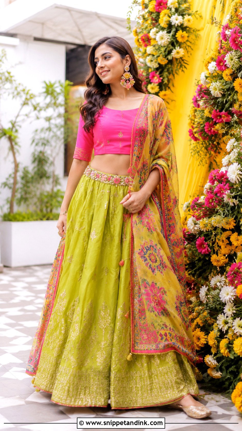 Lime Green And Pink Mehndi Lehenga - Snippet and Ink - 20 Mehndi Wedding Dress Ideas