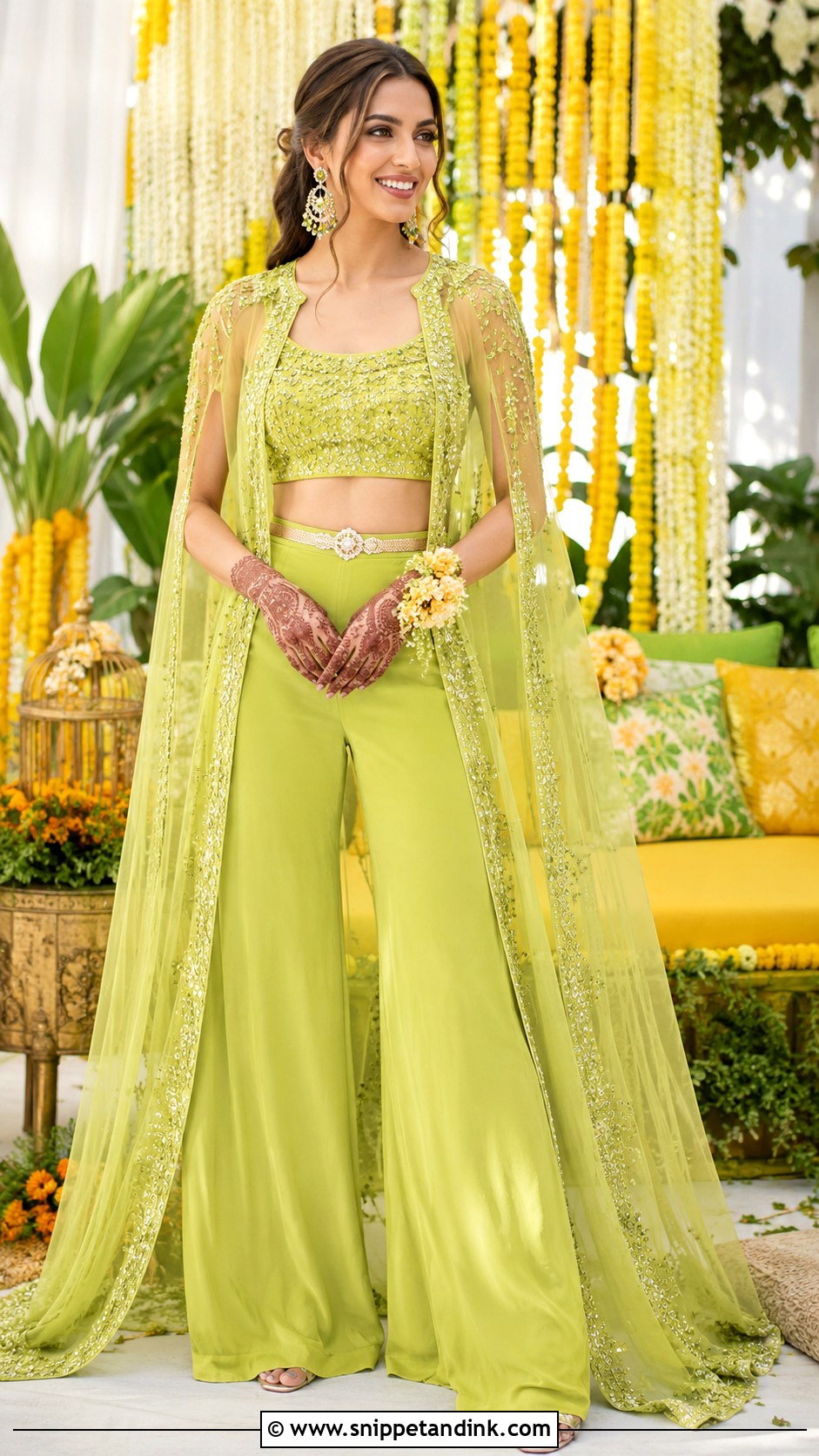 Lime Green Cape Mehndi Set - Snippet and Ink - 20 Bride Mehndi Dress Ideas