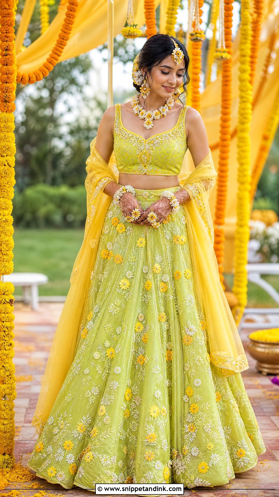 Lime Green Floral Haldi Lehenga - Snippet and Ink - 20 Haldi Clothes for Bride Ideas