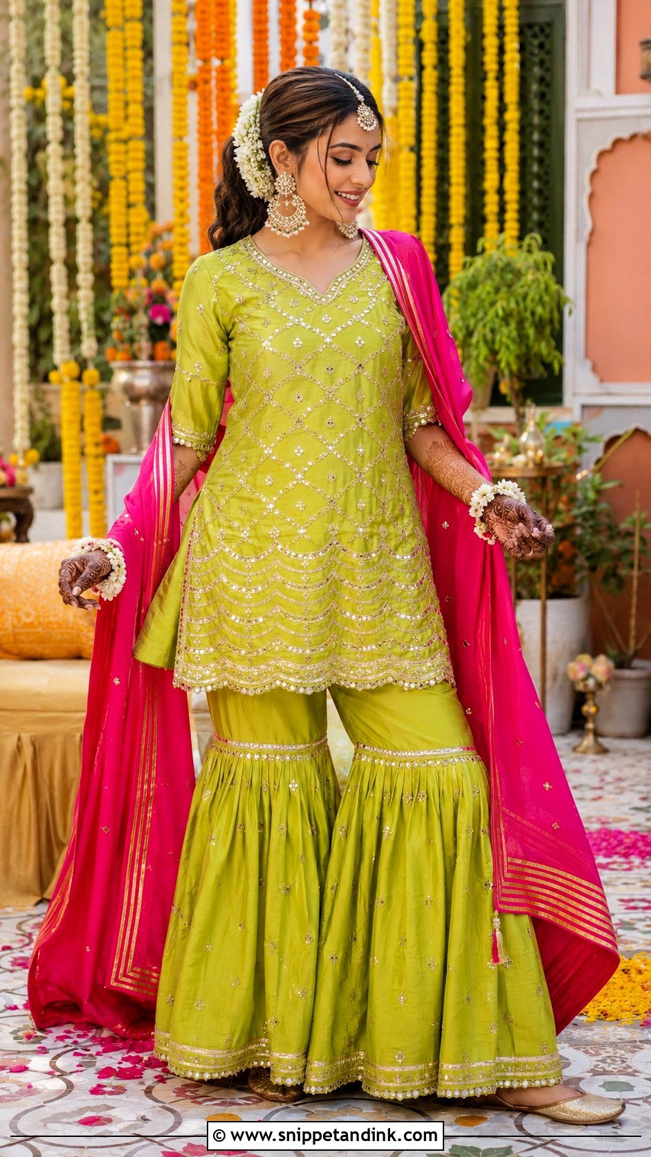 Lime Green Gharara For Mehendi - Snippet and Ink - 20 Mehendi Function Outfit Brides Ideas