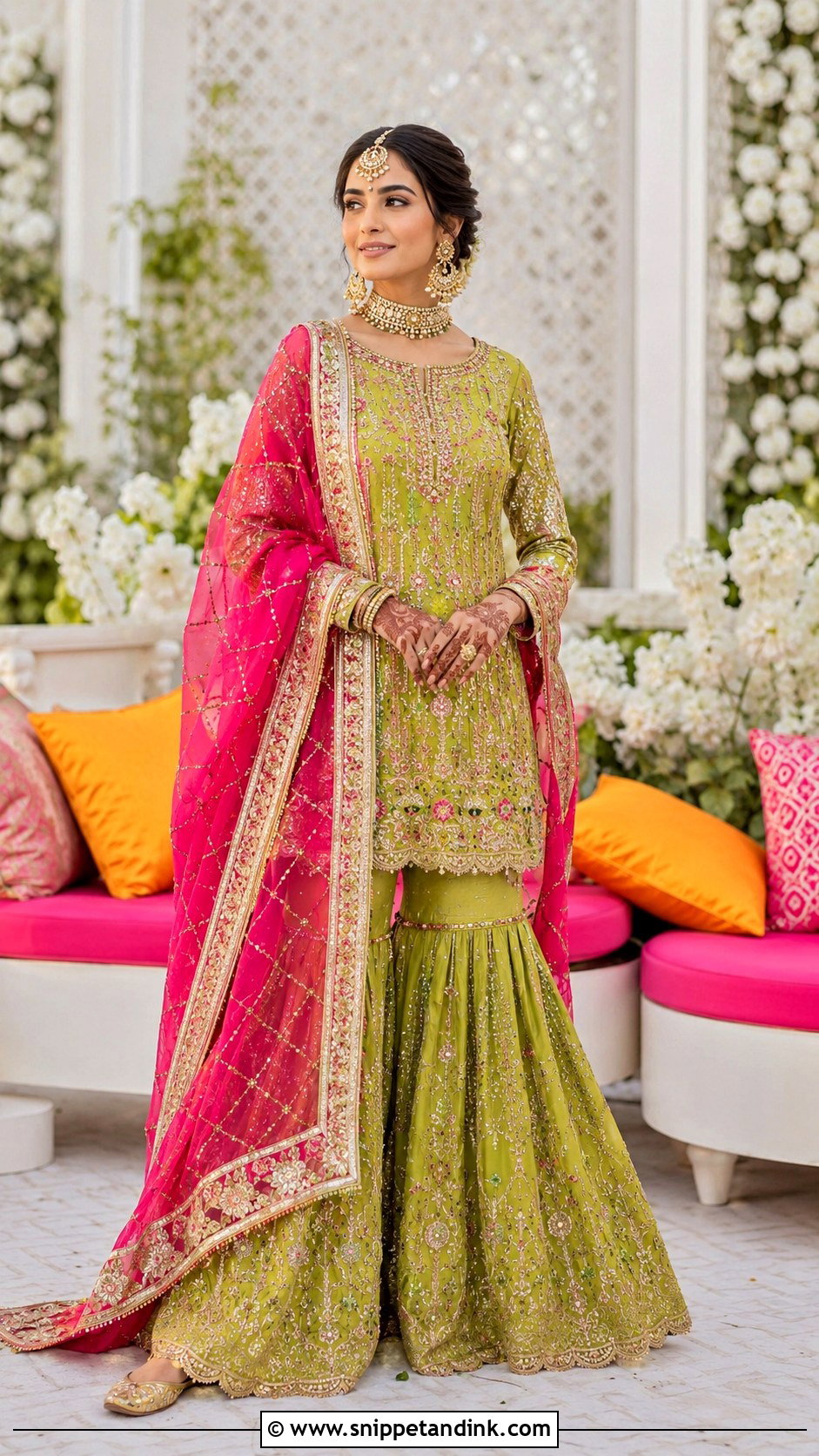 Lime Green Gharara Mehandi Bridal Set - Snippet and Ink - 20 Mehandi Bridal Dress Ideas