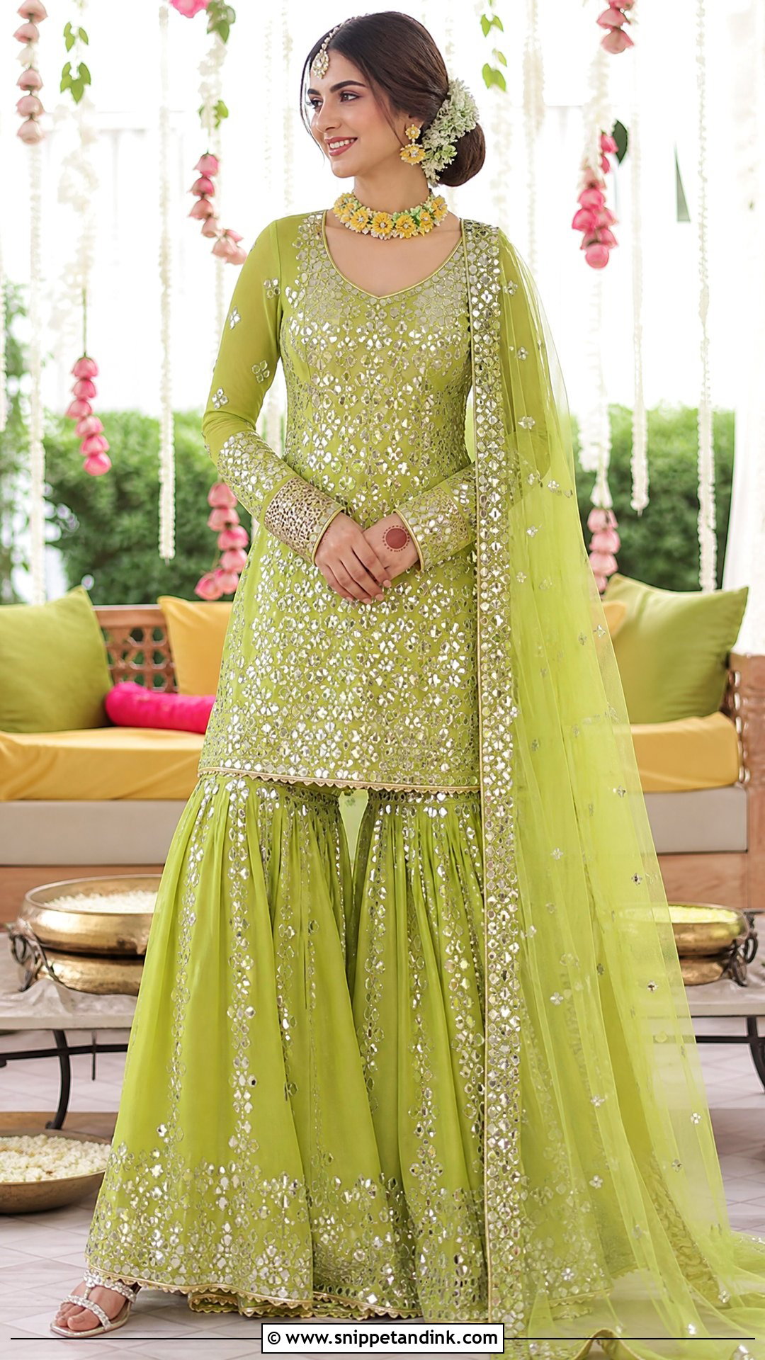 Lime Green Gharara Mehandi Outfit - Snippet and Ink - 20 Mehandi Outfits for Bride