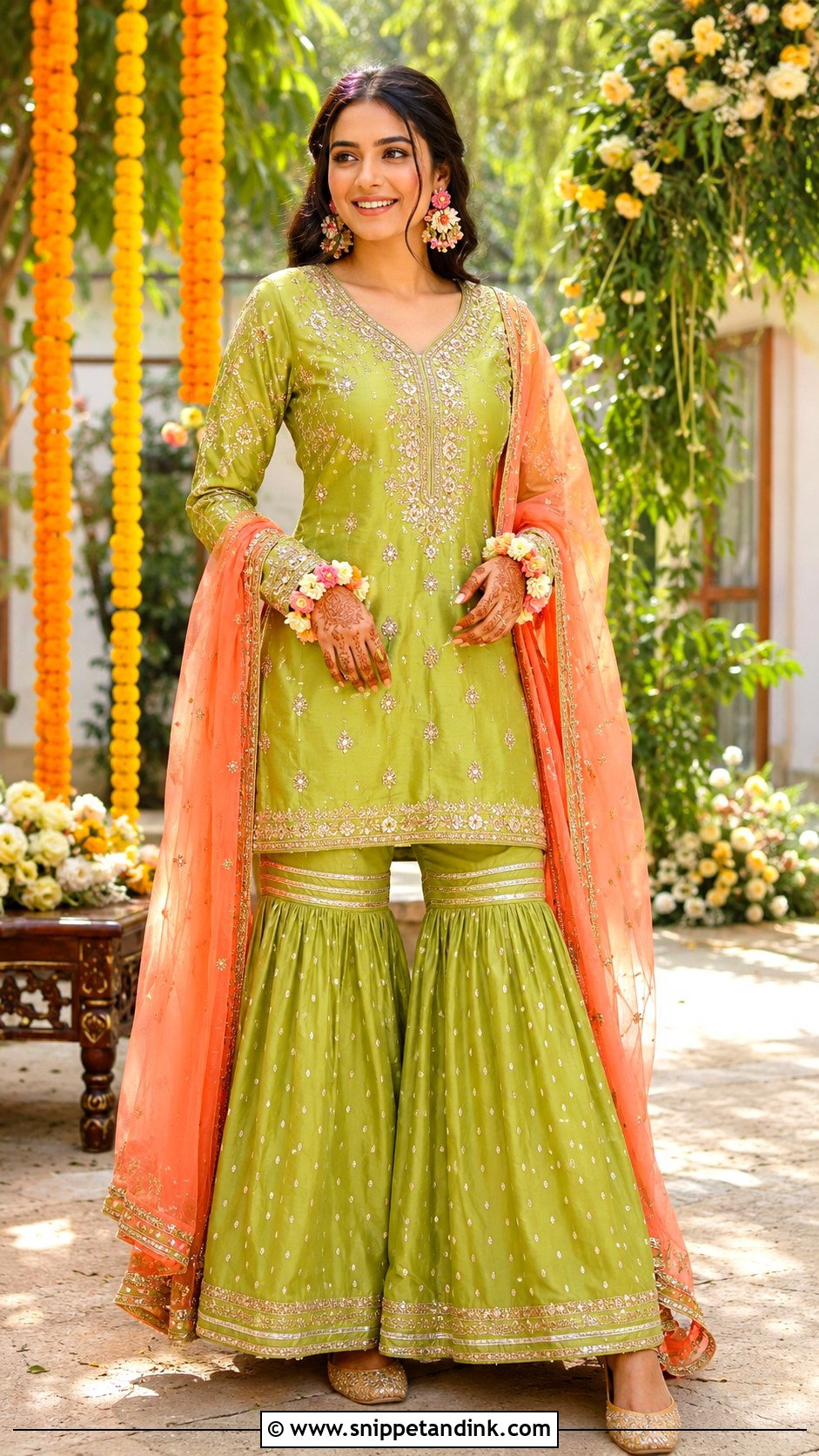 Lime Green Gharara Mehndi Dress - Snippet and Ink - 20 Mehndi Dress for Bridal Ideas