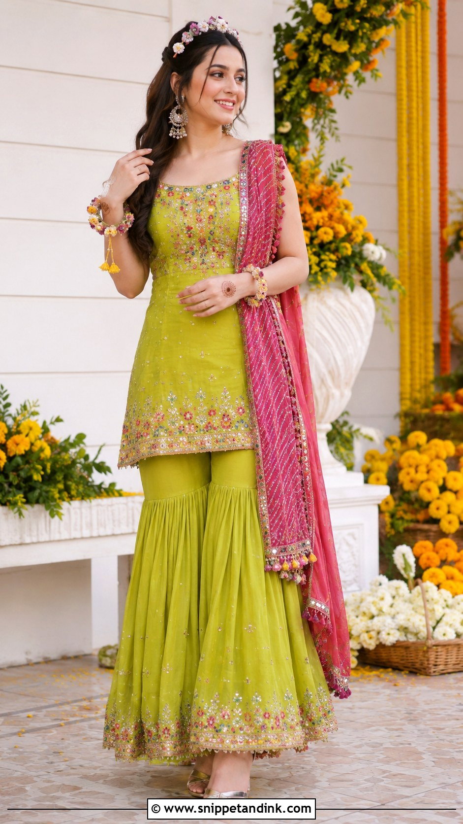 Lime Green Gharara Mehndi Outfit - Snippet and Ink - 20 Mehndi Ceremony Outfit for Bride Ideas