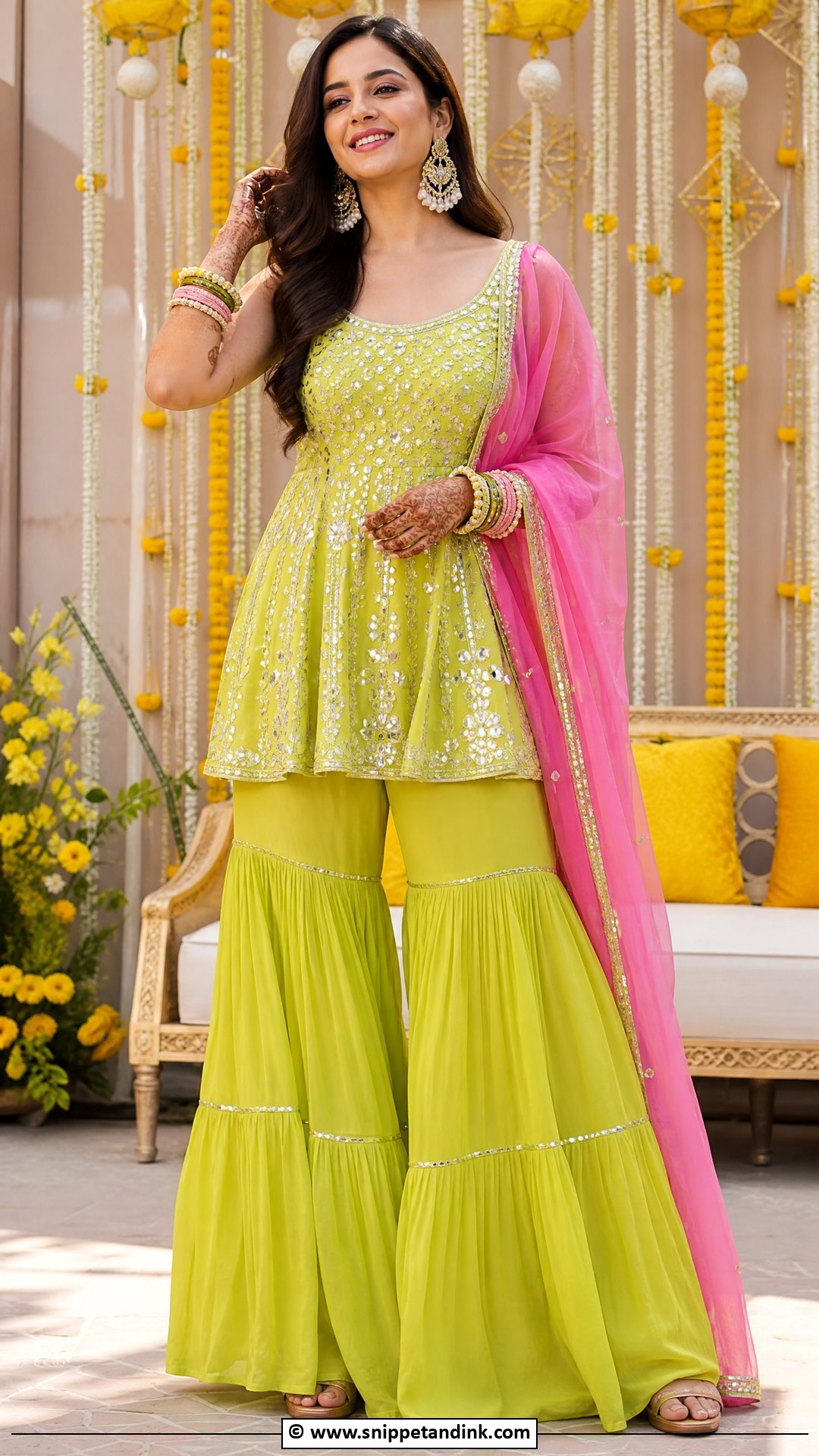 Lime Green Gharara With Short Kurti - Snippet and Ink - 35 Mehndi Dress Ideas
