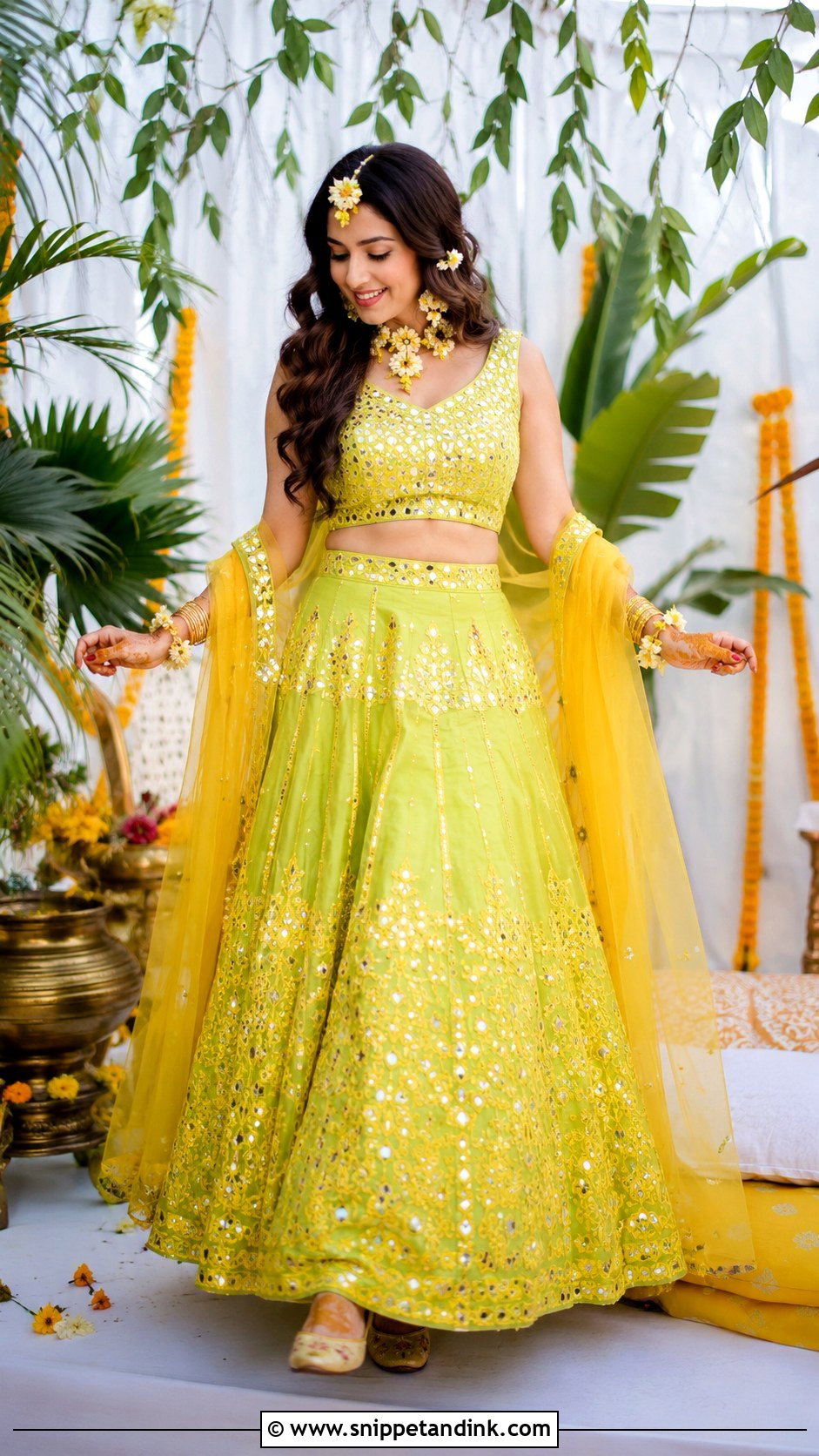 Lime Green Haldi Lehenga - Snippet and Ink - 30 Indian Bridal Haldi Outfit Ideas