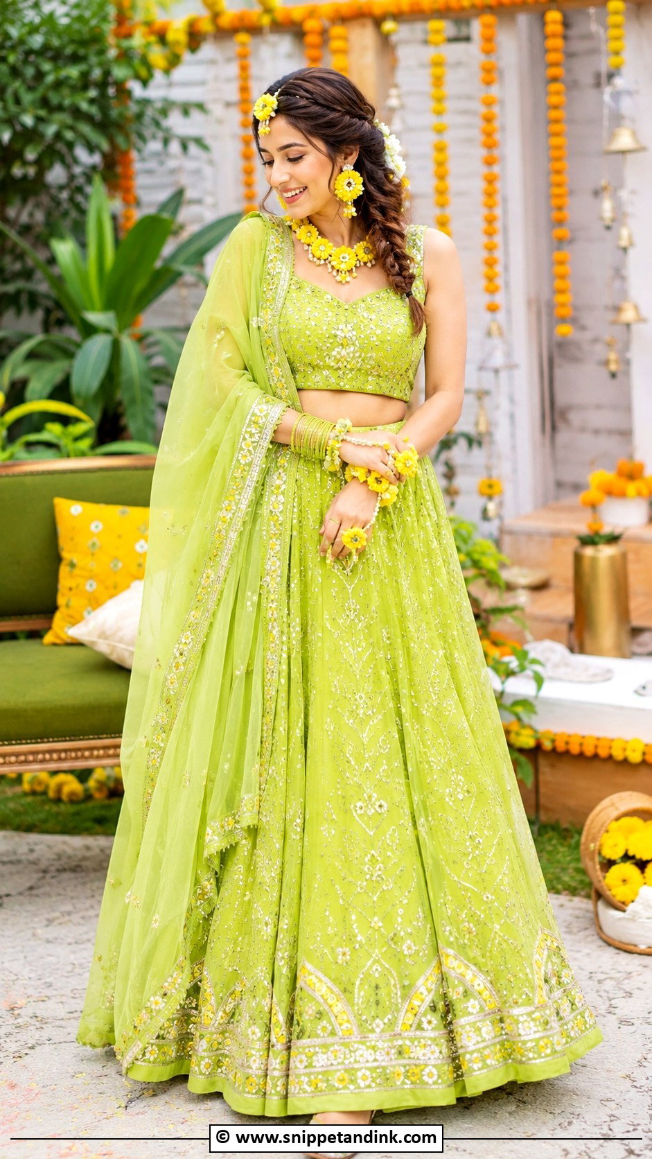 Lime Green Haldi Outfit For Bride - Snippet and Ink - 30 Best Haldi Outfits for Brides