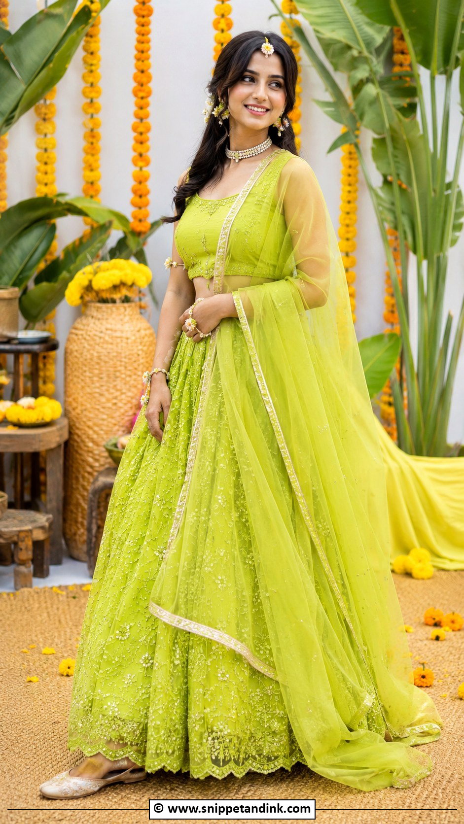 Lime Green Lehenga Haldi Outfit - Snippet and Ink - 30 Haldi Theme Ideas Outfit