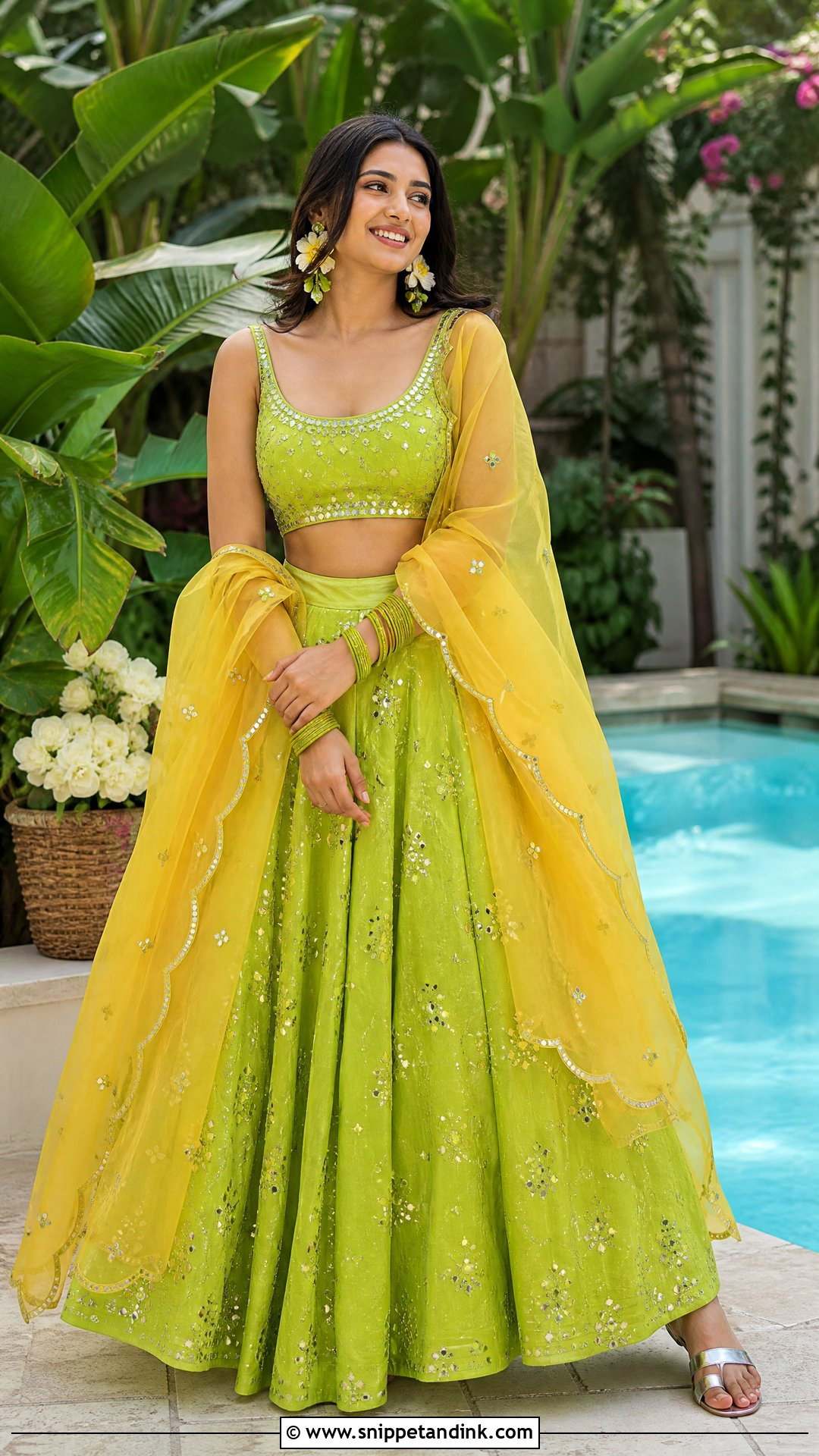 Lime Green Lehenga Poolside Haldi Outfit - Snippet and Ink - 20 Pool Side Haldi Outfits