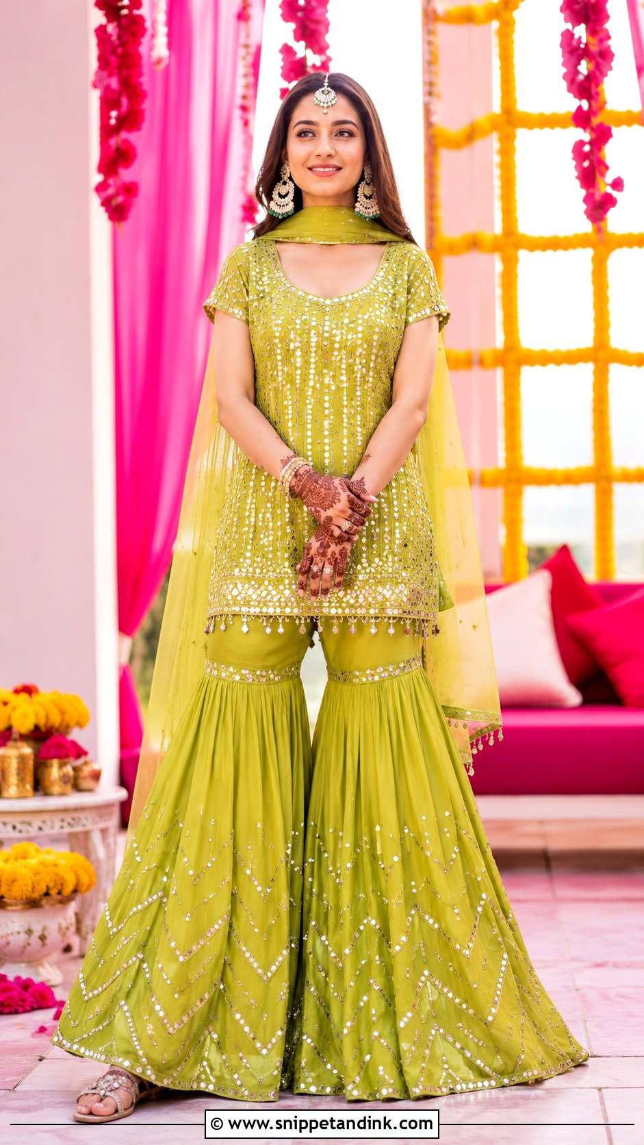Lime Green Mehendi Sharara - Snippet and Ink - 20 Bridal Mehendi Outfits
