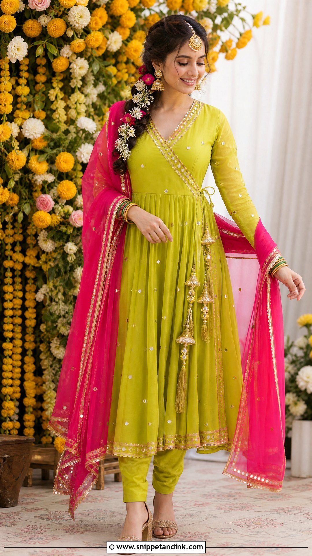 Lime Green Mehndi Bridal Angrakha - Snippet and Ink - 20 Pakistan Mehndi Bridal Outfit Ideas