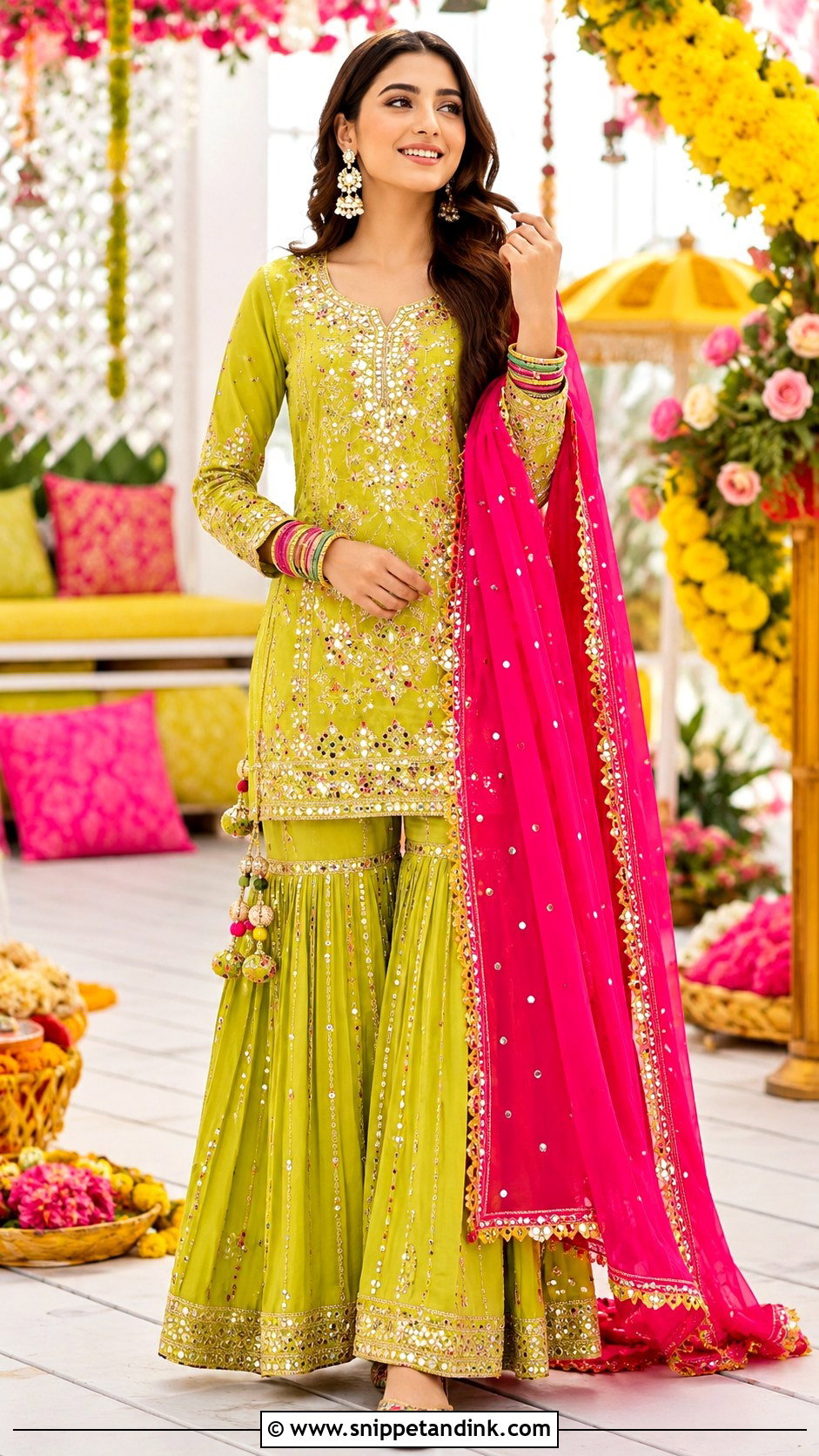 Lime Green Mehndi Sharara With Pink Dupatta - Snippet and Ink - 25 Mehndi Sharara Outfit Ideas