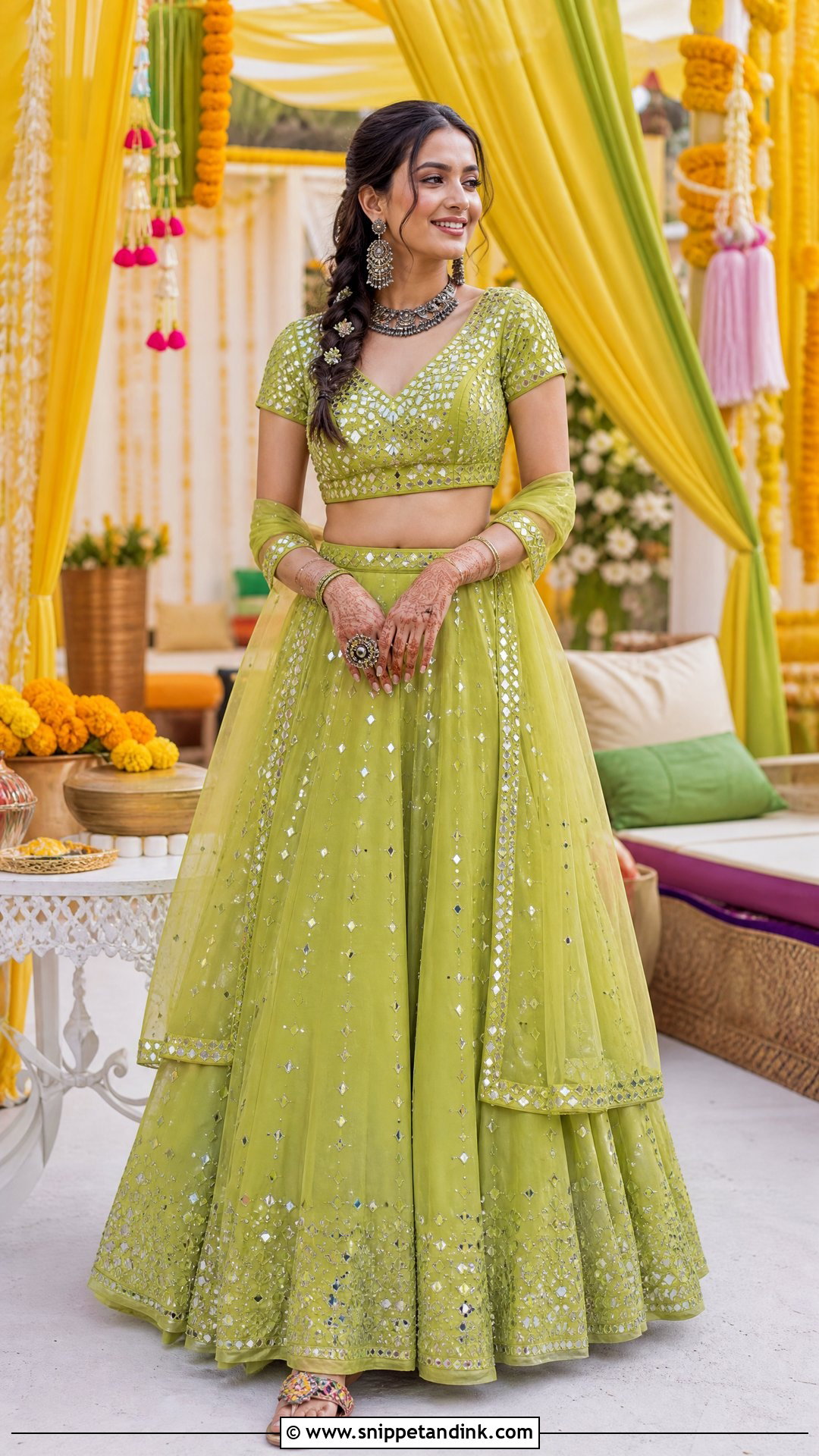 Lime Green Mirror Work Lehenga Mehndi Outfit - Snippet and Ink - 25 Mehndi Function Dress Outfit for Bride Ideas