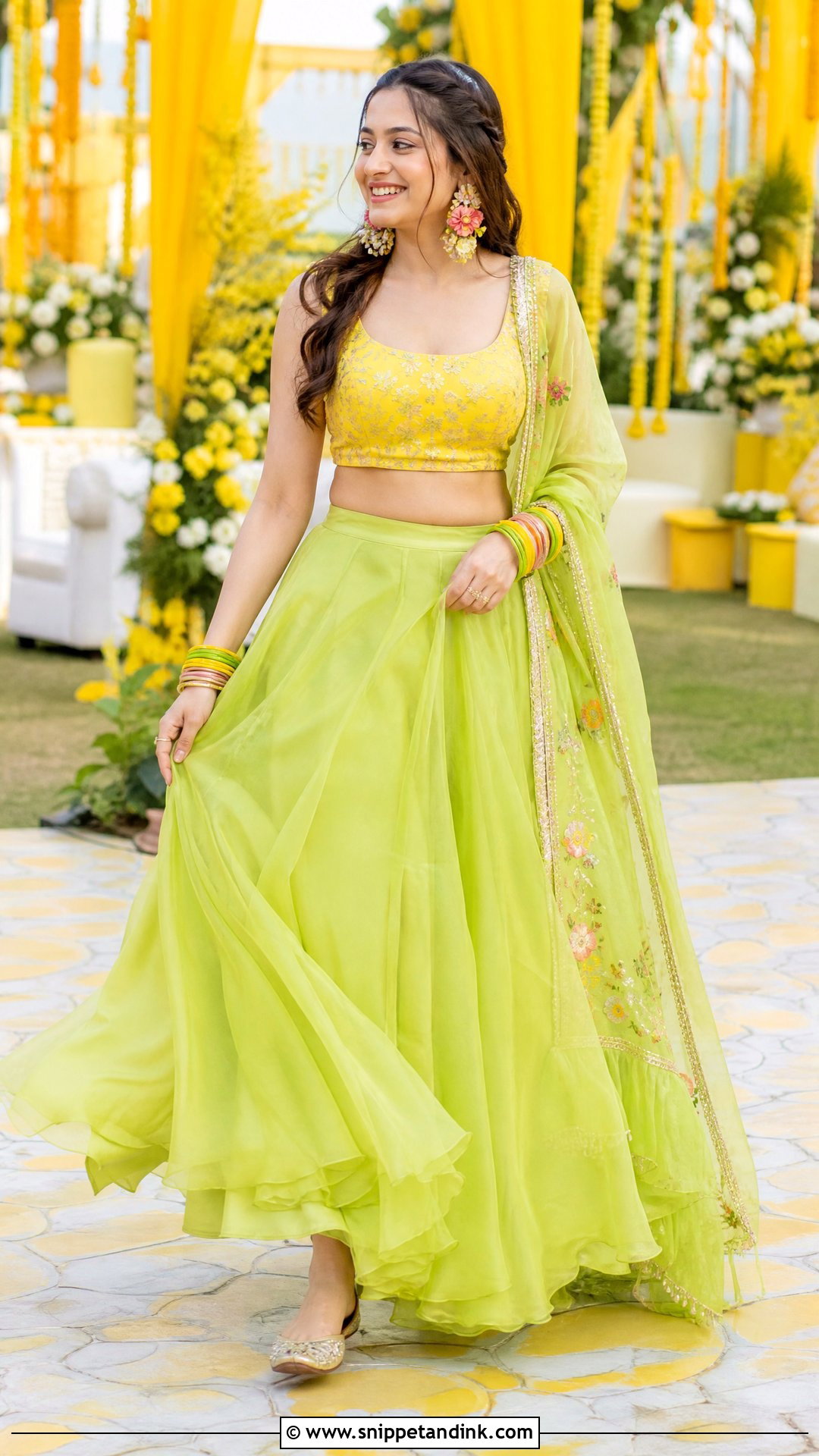 Lime Green Organza Lehenga Haldi Outfit - Snippet and Ink - 20 Organza Haldi Outfit Ideas