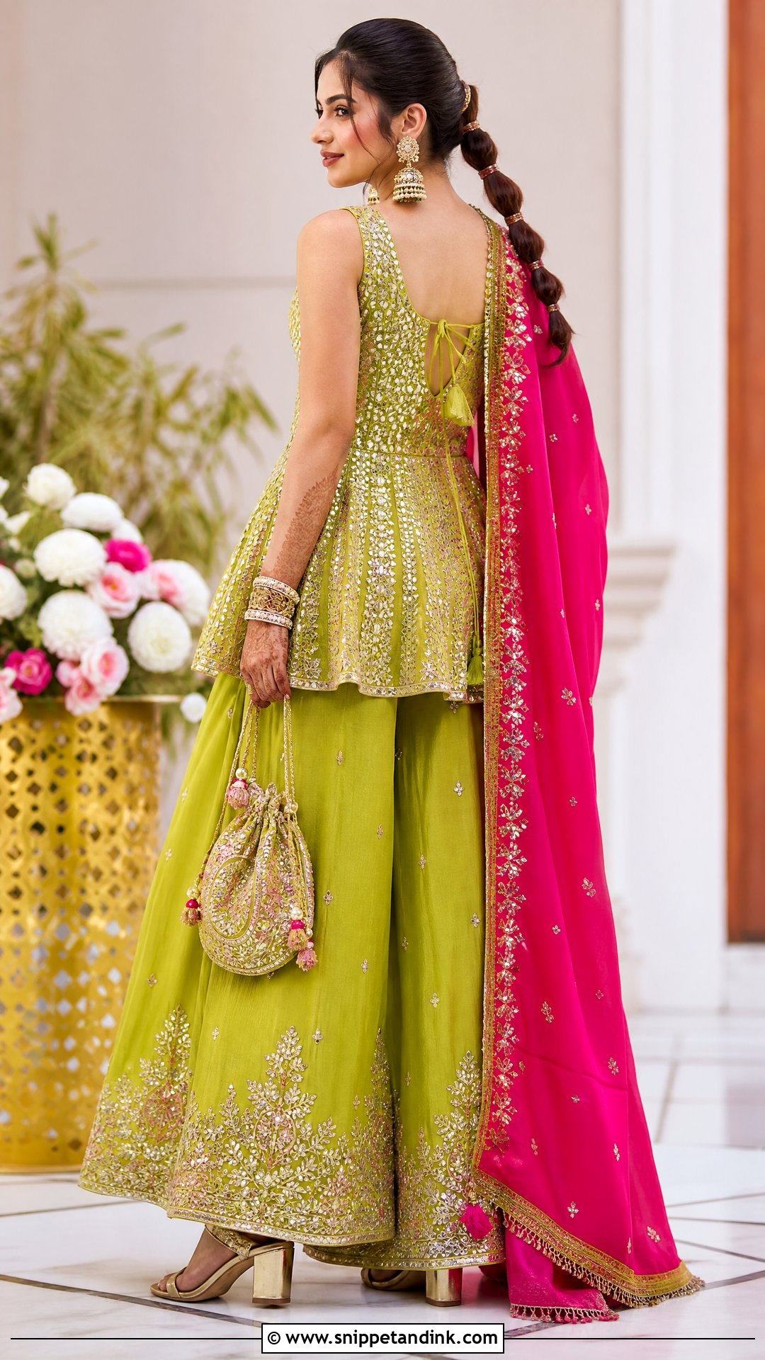 Lime Green Palazzo Bridal Mehndi Outfit - Snippet and Ink - 20 Simple Bridal Mehndi Outfit Ideas