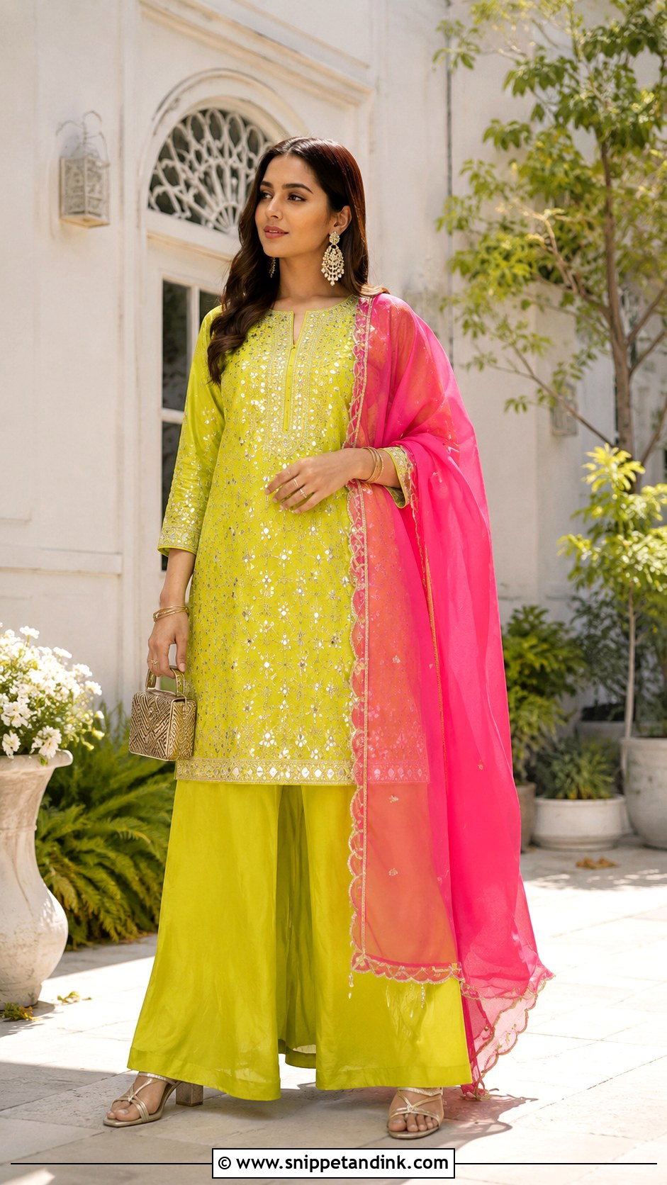 Lime Green Palazzo Mehndi Dress - Snippet and Ink - 20 Mehndi Event Dresses