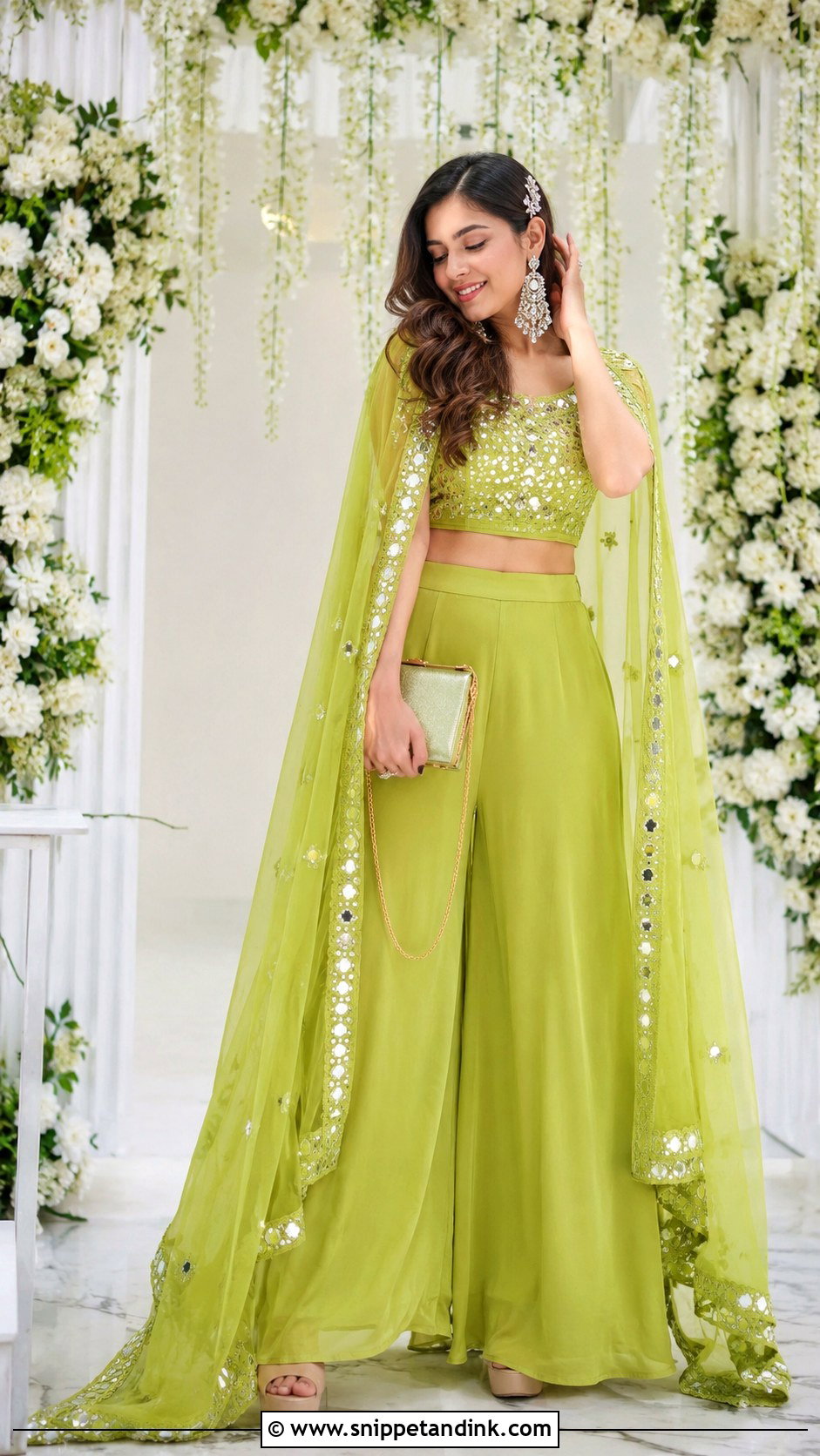 Lime Green Palazzo Set With Cape For Mehndi Night - Snippet and Ink - 20 Mehndi Night Outfit Ideas