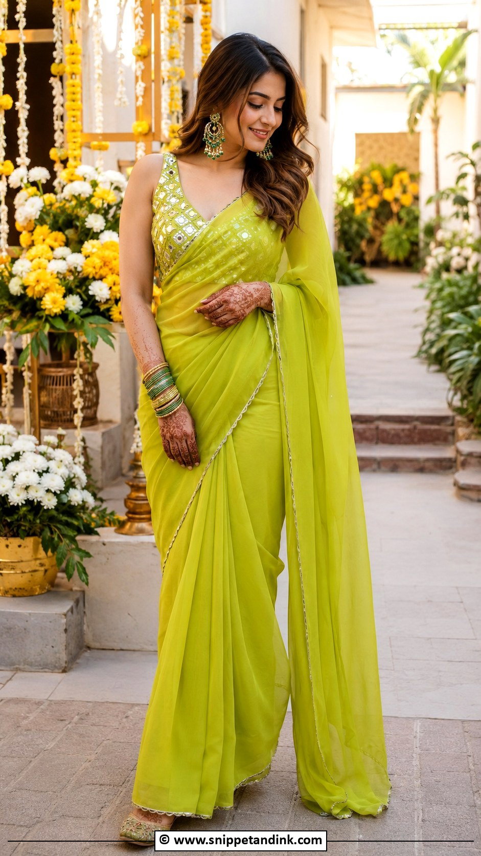 Lime Green Saree For Mehendi - Snippet and Ink - 30 Mehendi Dress Ideas