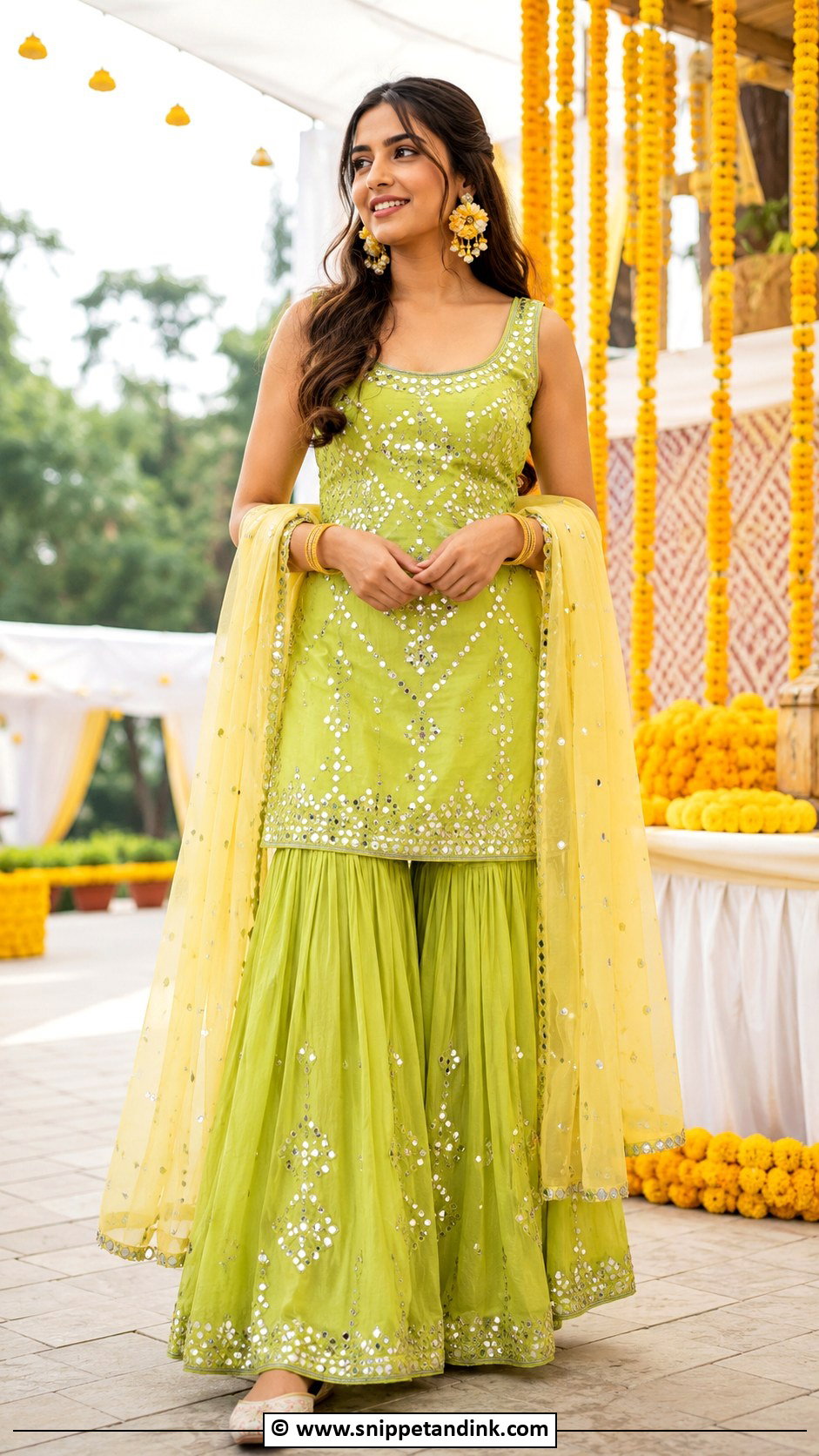 Lime Green Sharara Set For Haldi - Snippet and Ink - 30 Indian Haldi Ceremony Outfit for Sister Ideas