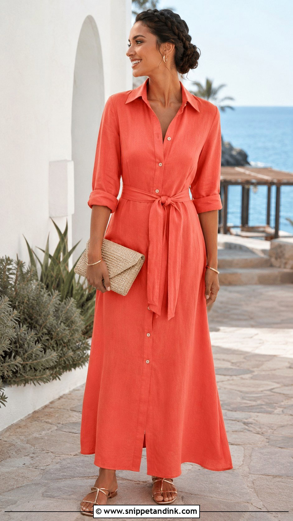 Linen Blend Long Shirt Dress With Flat Sandals - Snippet and Ink - 20 Long Shirt Dress for Wedding Ideas