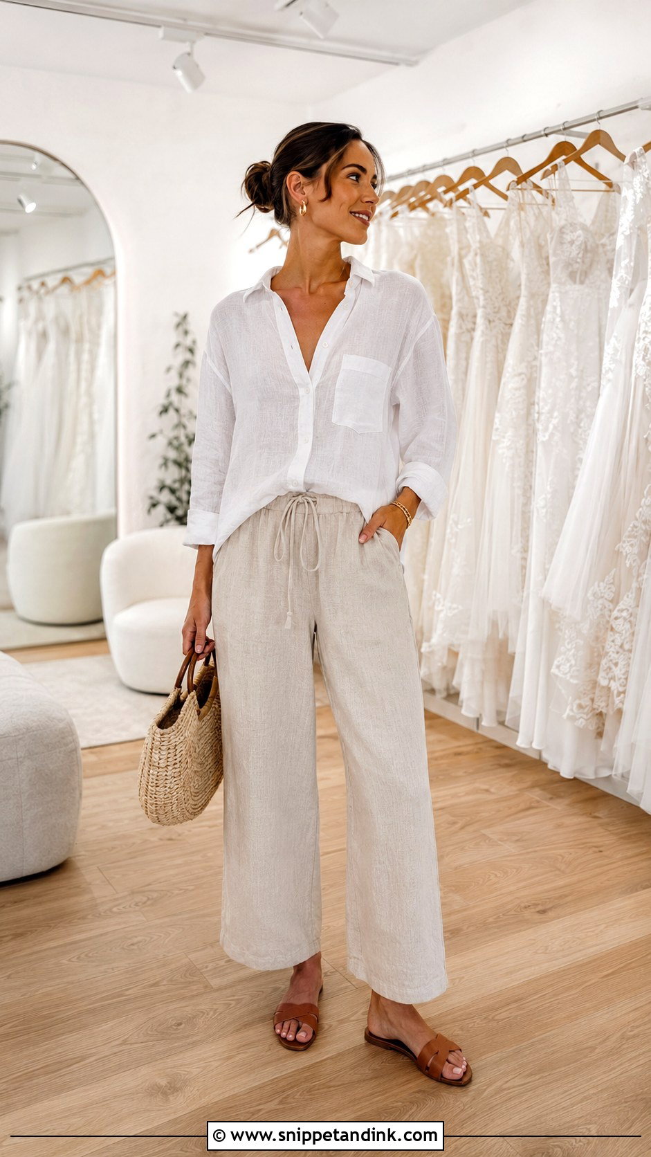 Linen Blouse And Trousers Bridal Appointment Outfit - Snippet and Ink - 20 Bridal Appointment Outfit Ideas