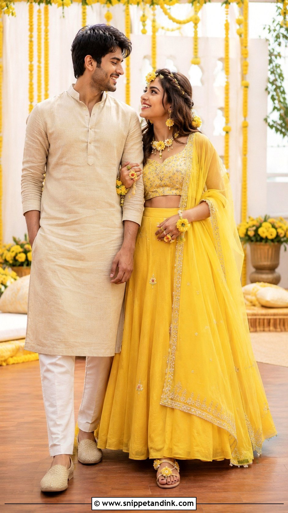 Linen Kurta Set And Cotton Lehenga Haldi Couple Outfit - Snippet and Ink - 25 Haldi Couple Outfits