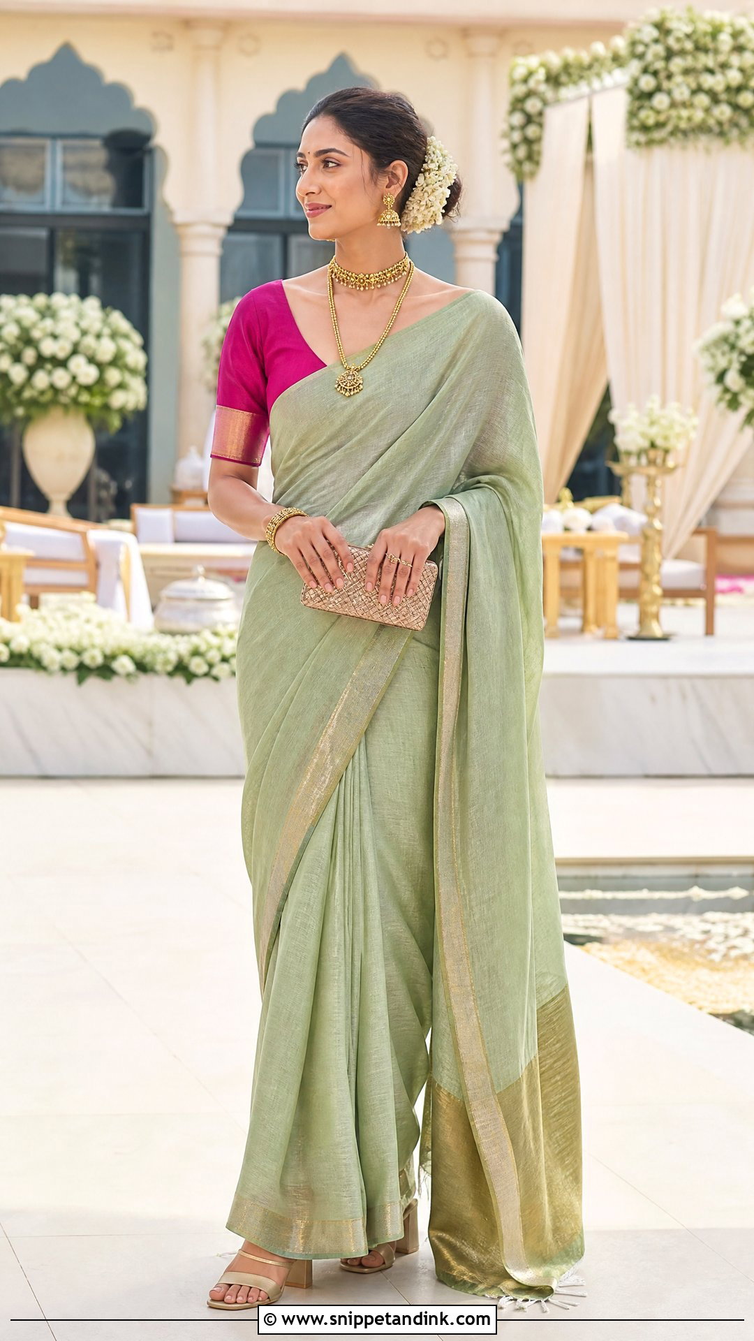 Linen Saree And Silk Blouse For A Summer Indian Wedding - Snippet and Ink - 20 Summer Indian Wedding Outfit Ideas