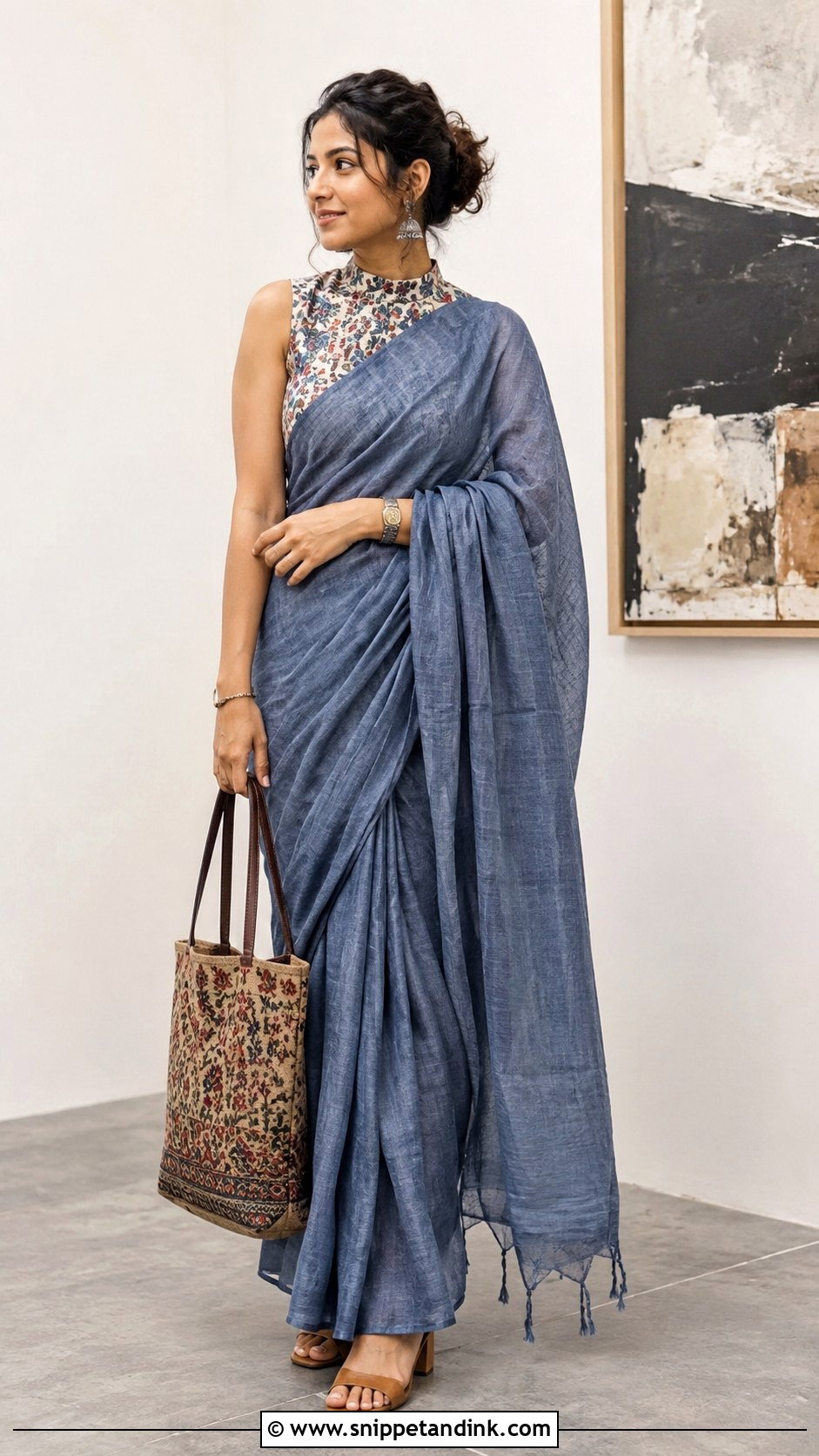 Linen Saree With Printed Blouse - Snippet and Ink - 20 New Sadi Designs 2023