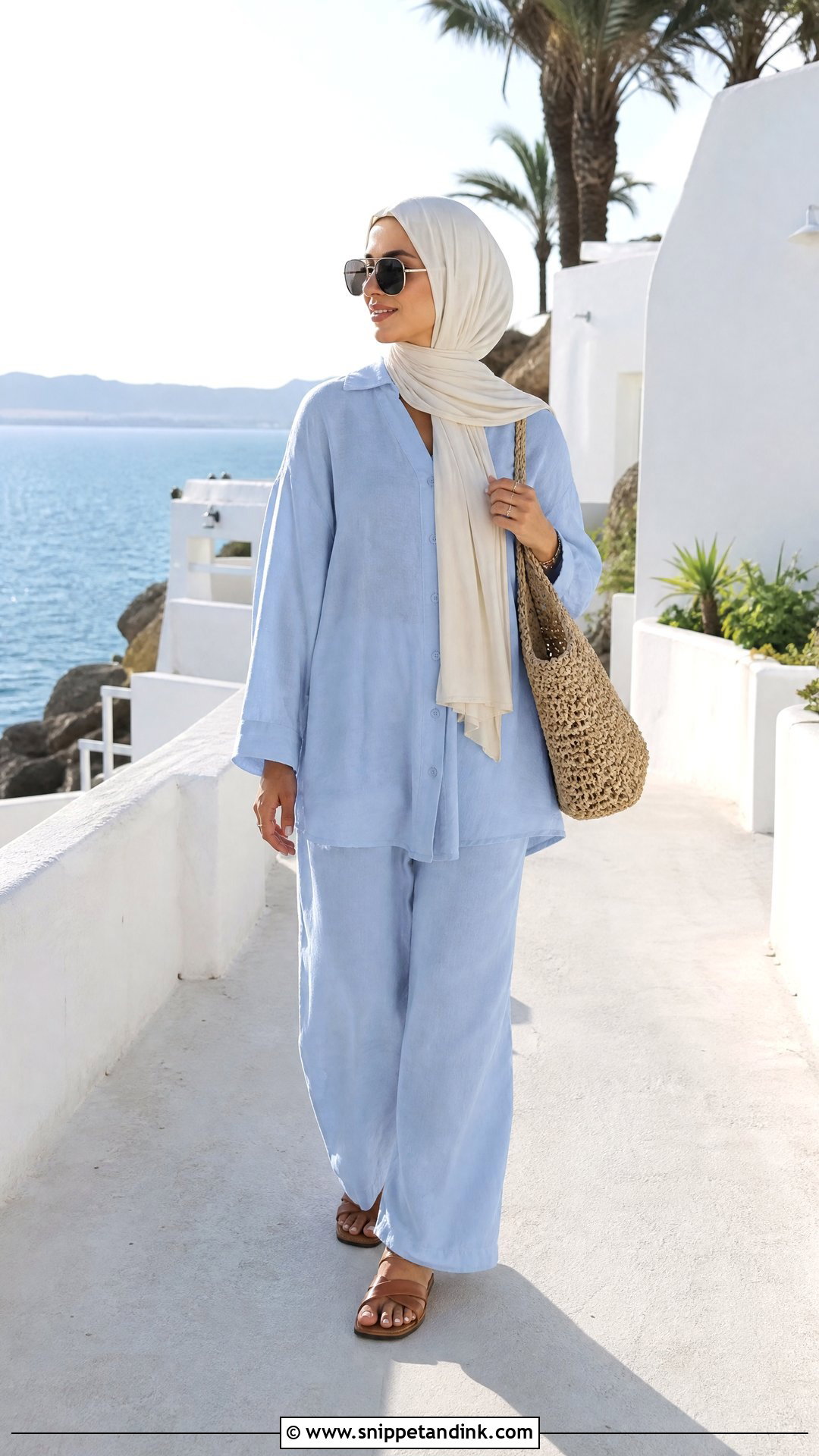 Linen Shirt And Wide Leg Pants Hijabi Honeymoon Outfit - Snippet and Ink - 20 Hijabi Honeymoon Outfits